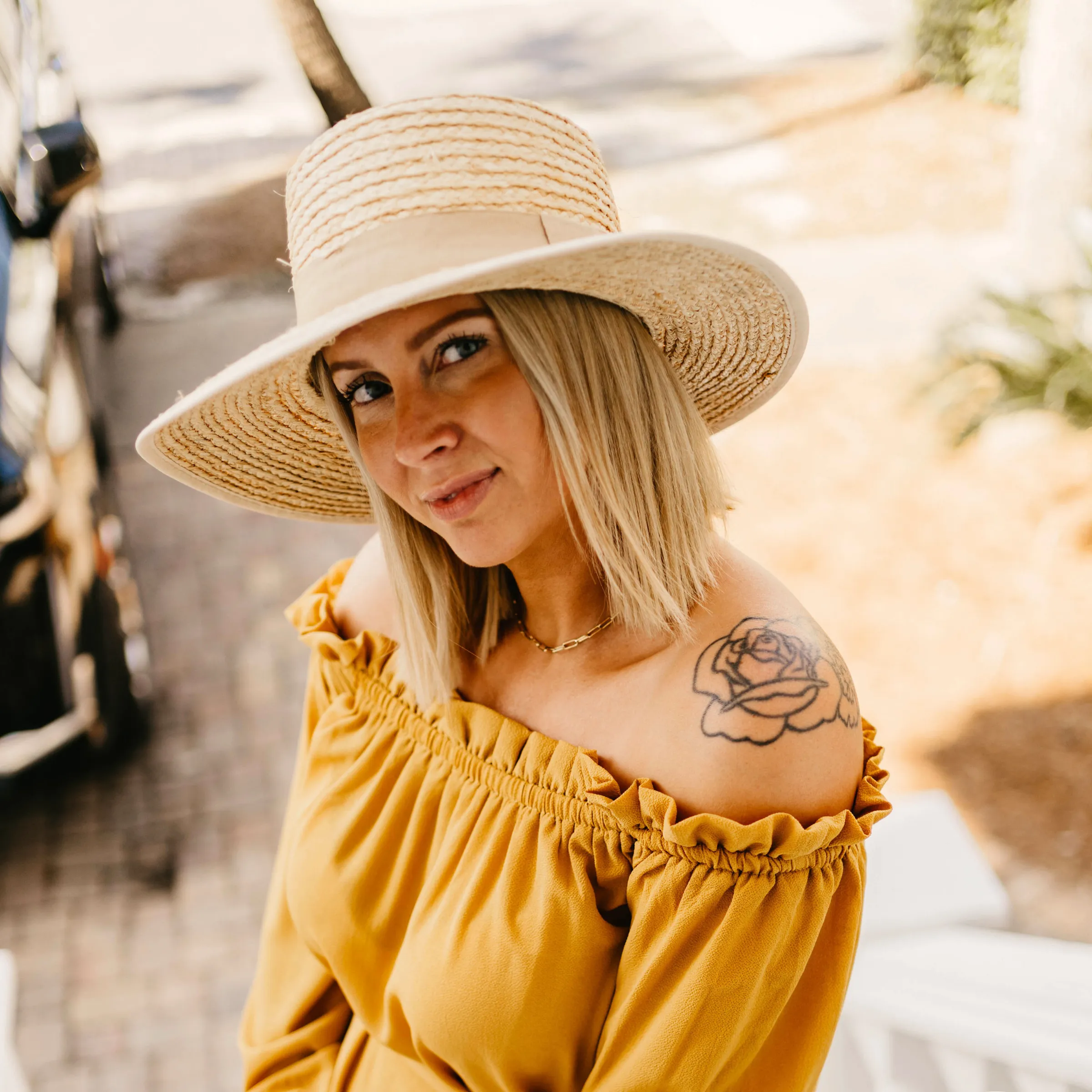 A Shady Spot Short Brim Bucket Hat with Nude Band in Natural Tan