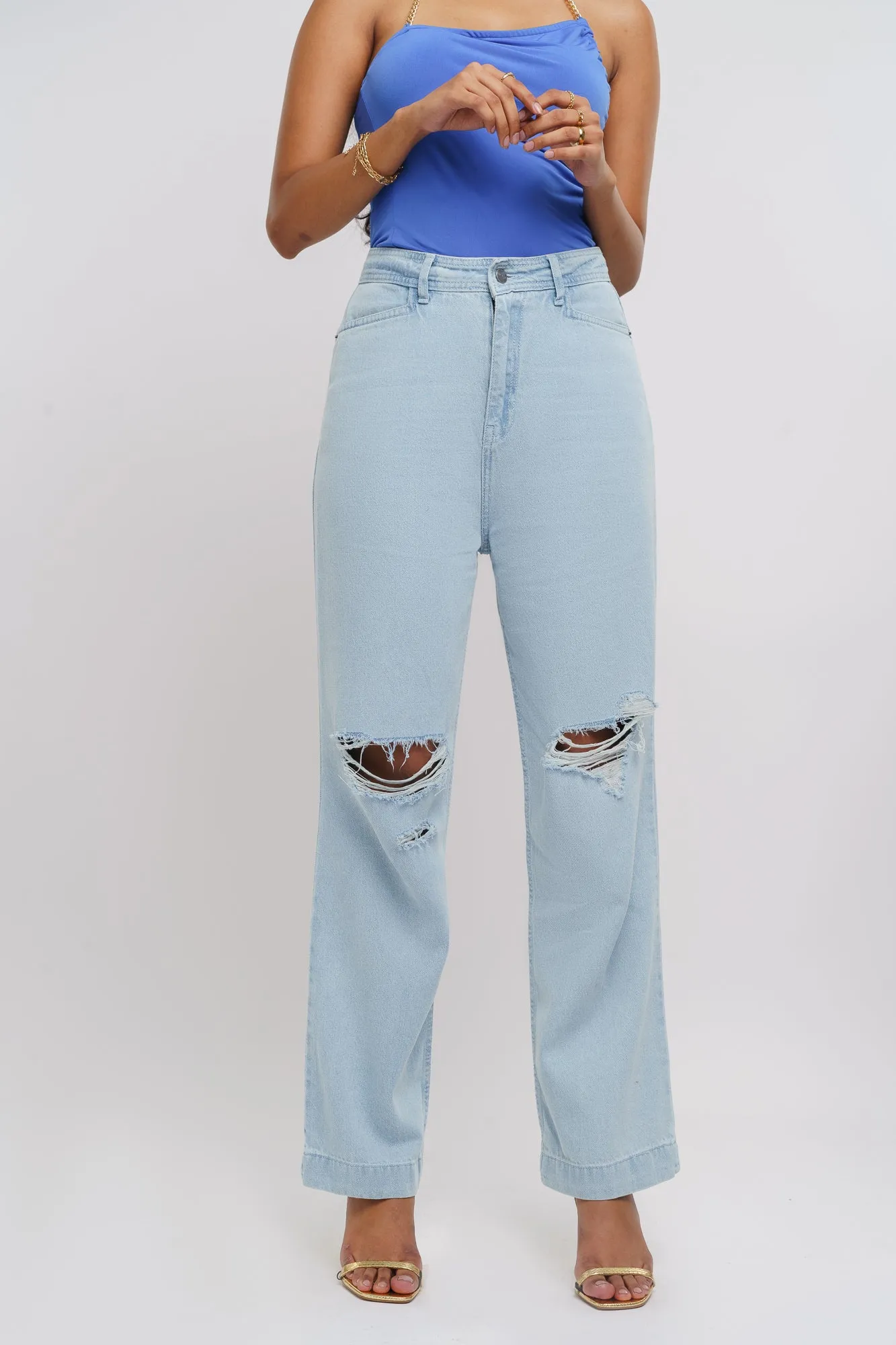 Airy Blue Distressed Straight Jeans