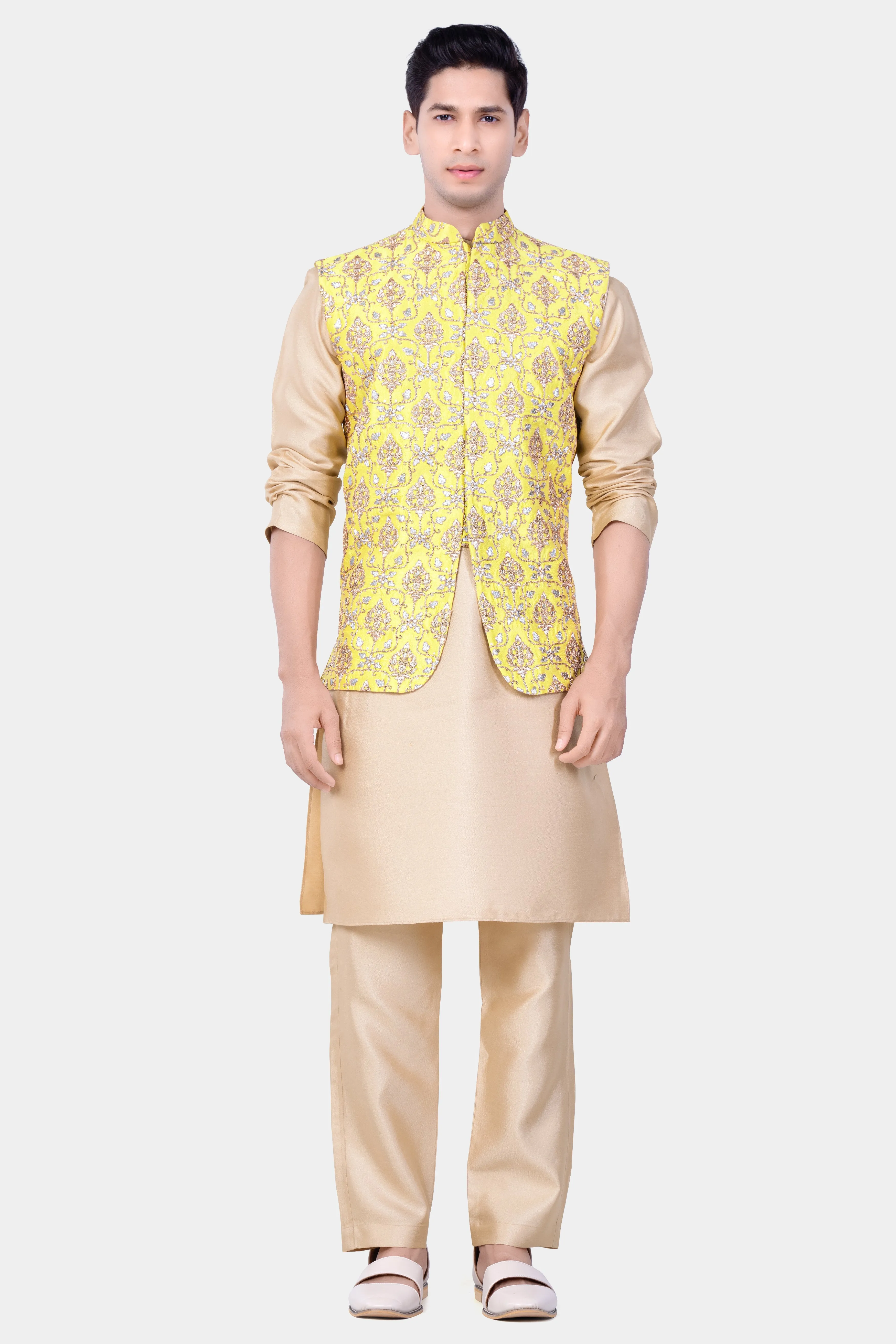 Almond Brown Kurta Set With Marigold Yellow And Quicksand Brown Thread Embroidered Nehru Jacket