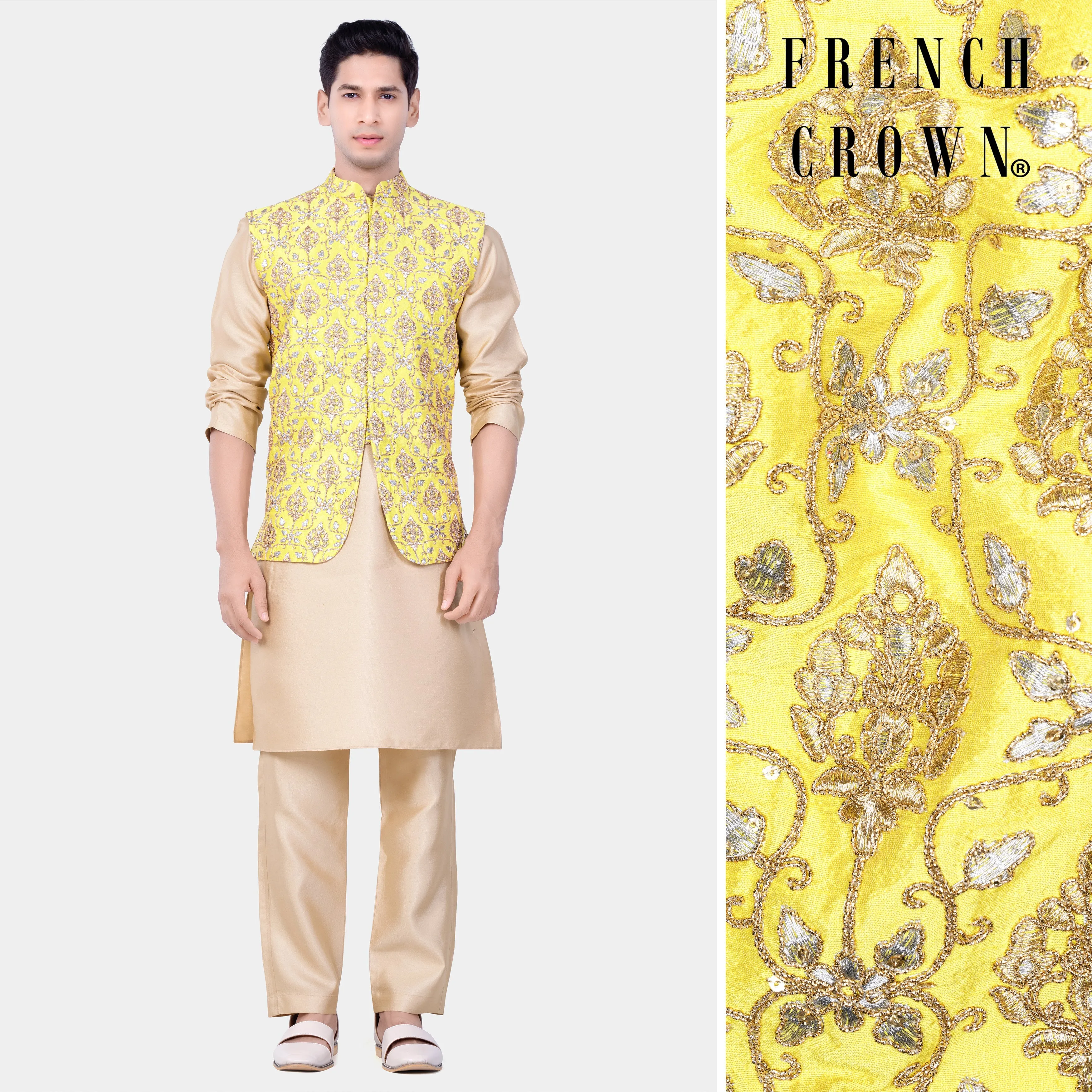 Almond Brown Kurta Set With Marigold Yellow And Quicksand Brown Thread Embroidered Nehru Jacket