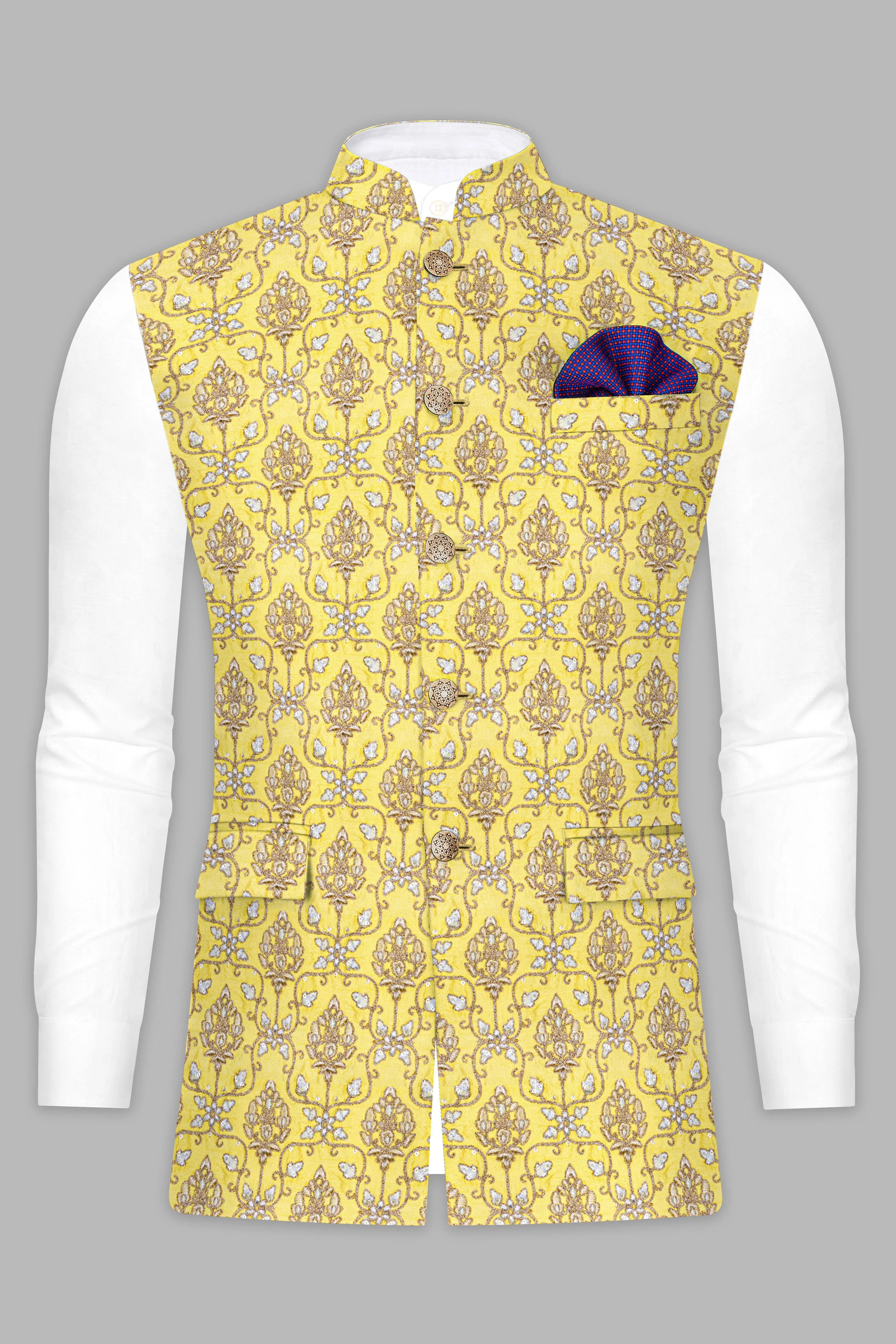 Almond Brown Kurta Set With Marigold Yellow And Quicksand Brown Thread Embroidered Nehru Jacket