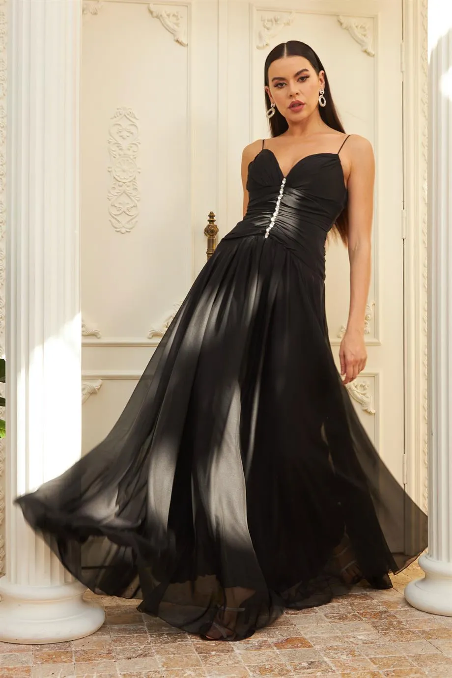 Angelino black chiffon strap collar with stone long evening dresses and invitation dress