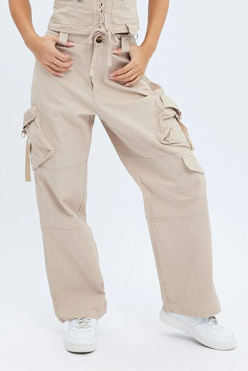 Beige Cargo Pants Low Rise