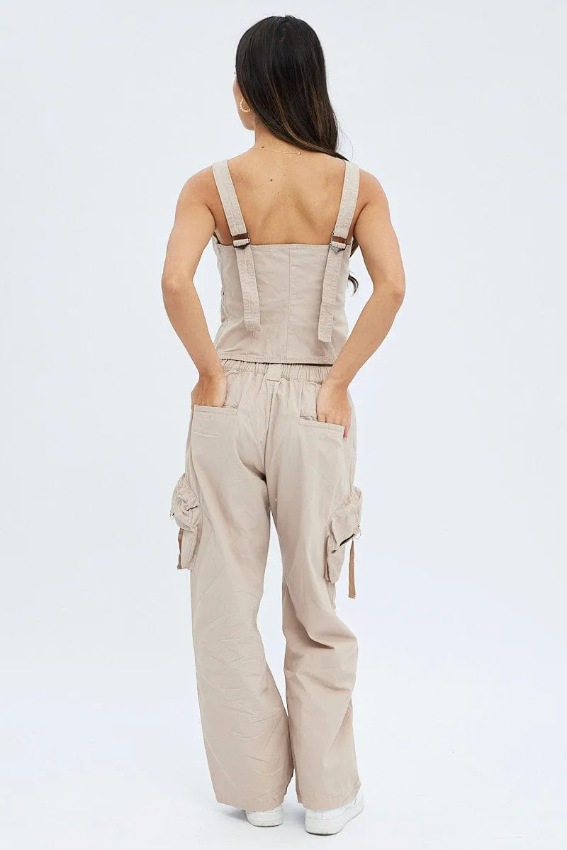 Beige Cargo Pants Low Rise