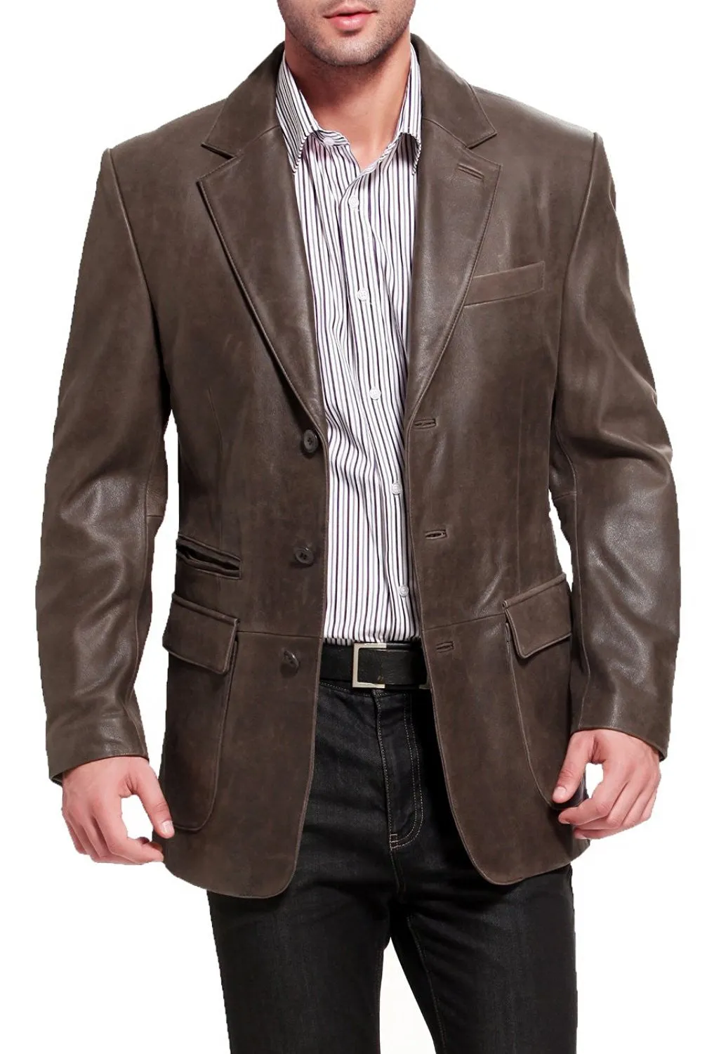 BGSD Men Mark Three-Button Distressed Cowhide Leather Blazer