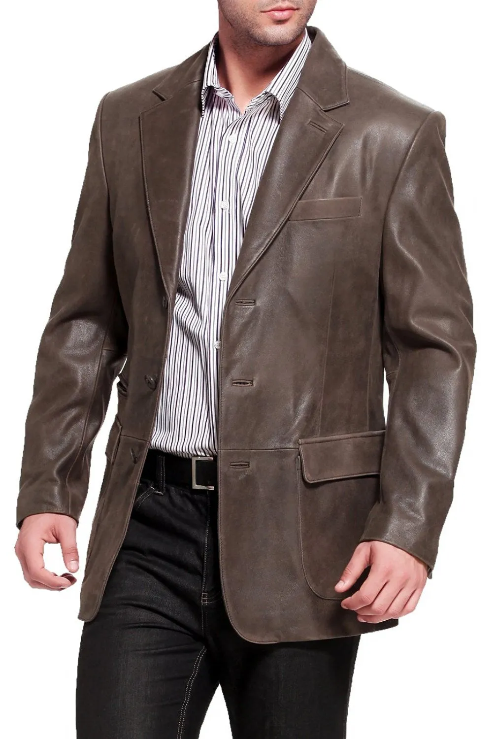 BGSD Men Mark Three-Button Distressed Cowhide Leather Blazer