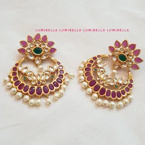 Big Lotus Style Chandbali Earrings With White Pearl Drops