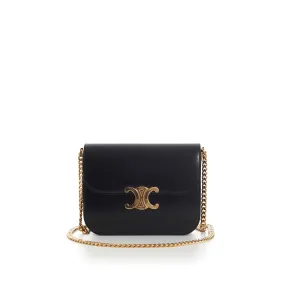 Black College Triomphe Bag - Shiny Calfskin, Chain Strap