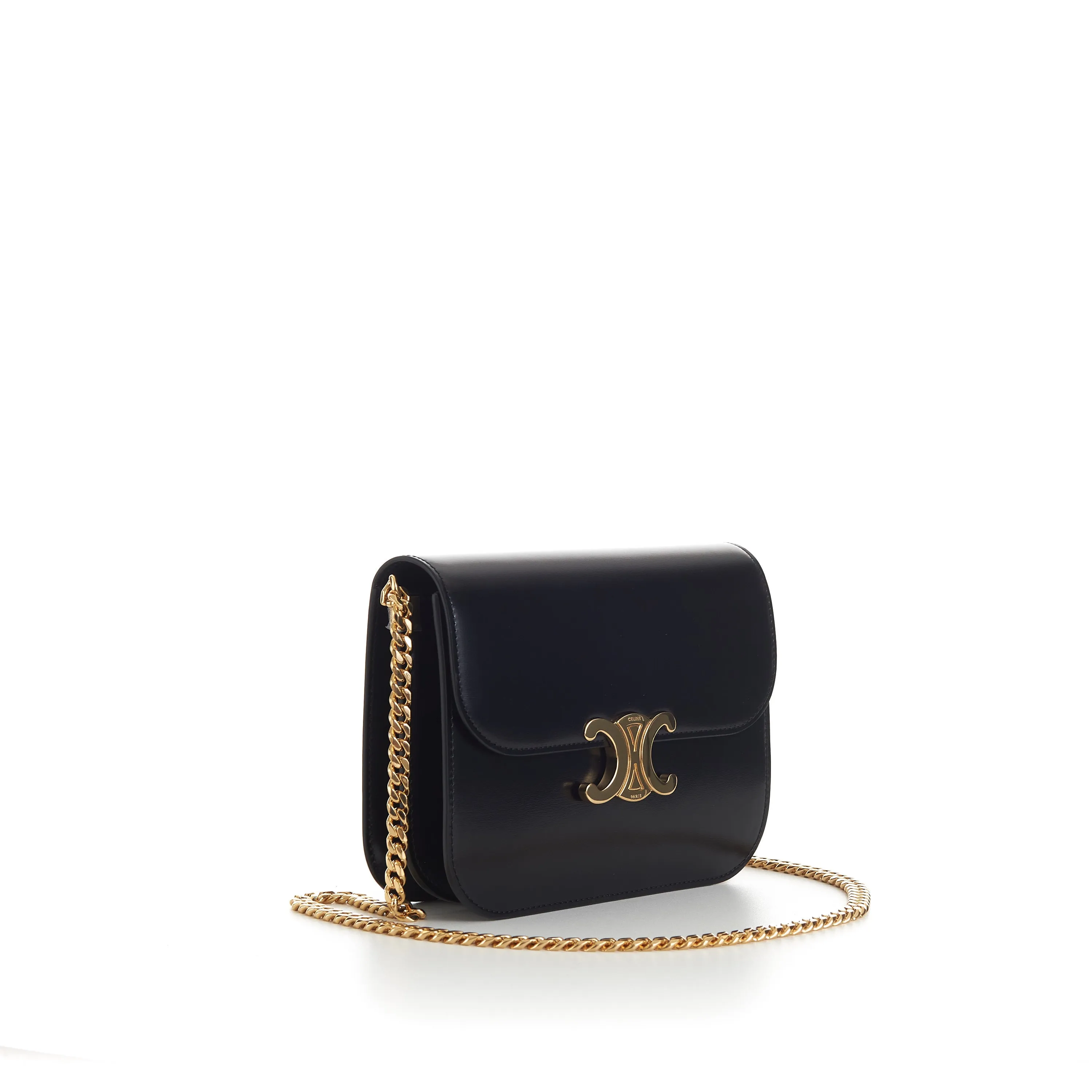 Black College Triomphe Bag - Shiny Calfskin, Chain Strap