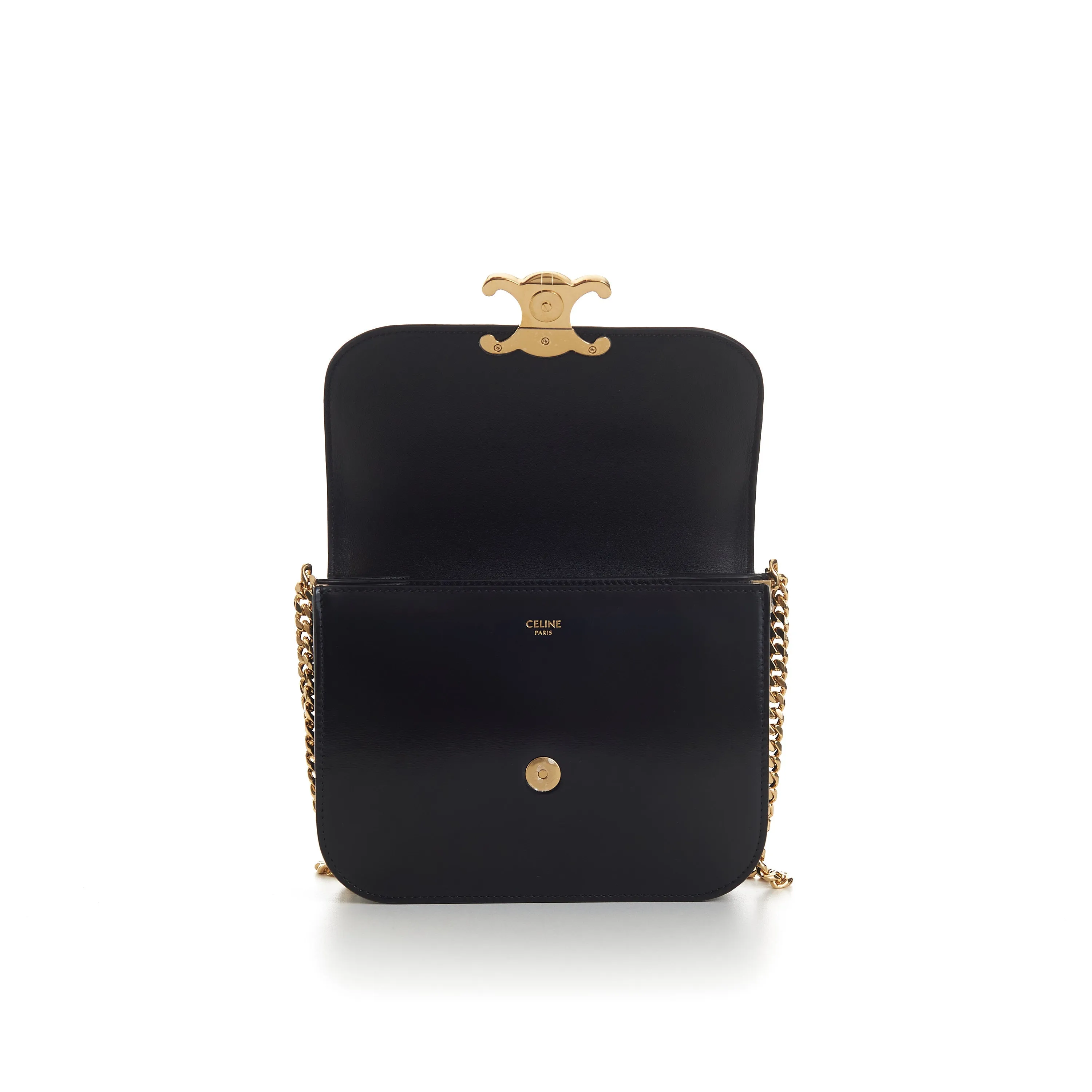 Black College Triomphe Bag - Shiny Calfskin, Chain Strap