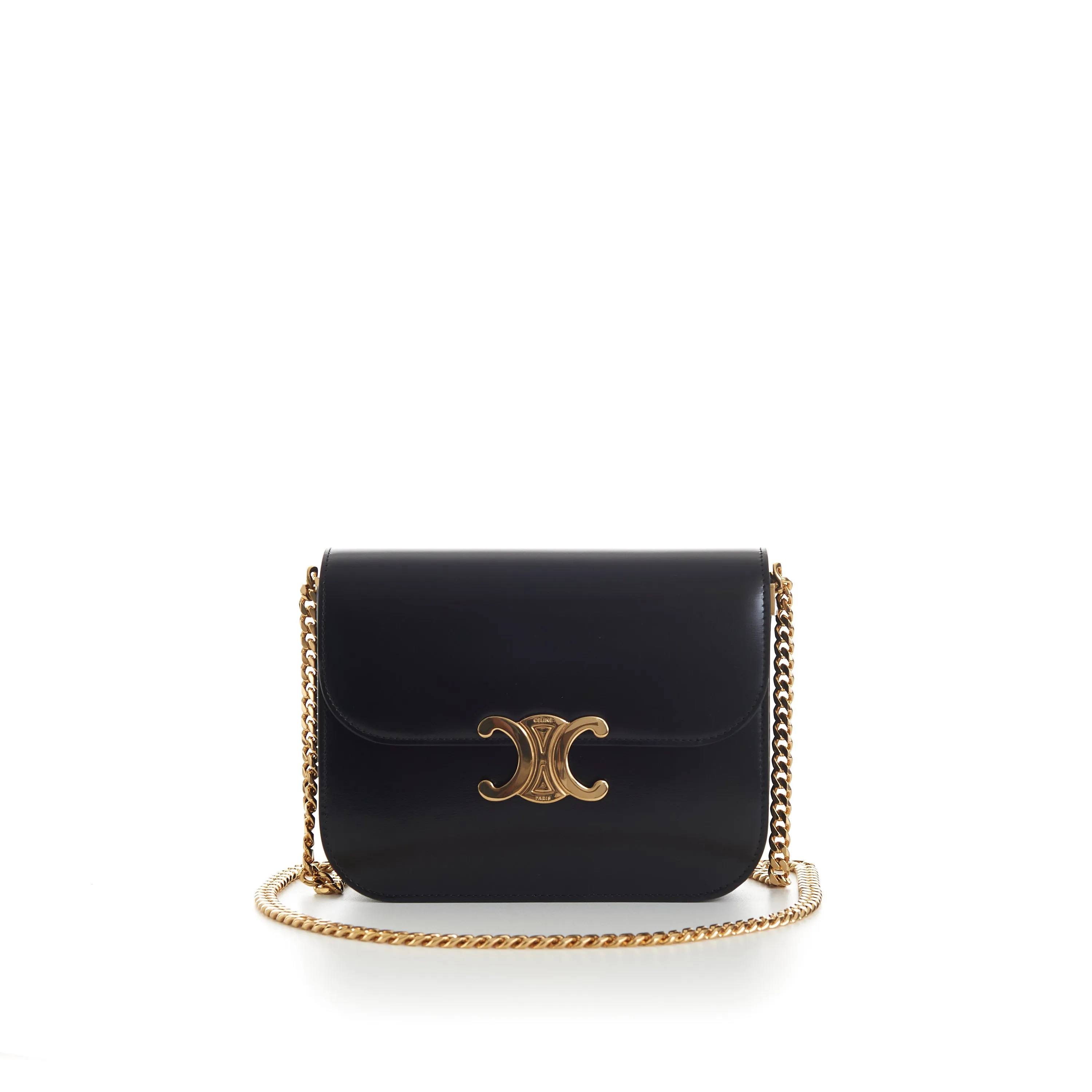 Black College Triomphe Bag - Shiny Calfskin, Chain Strap