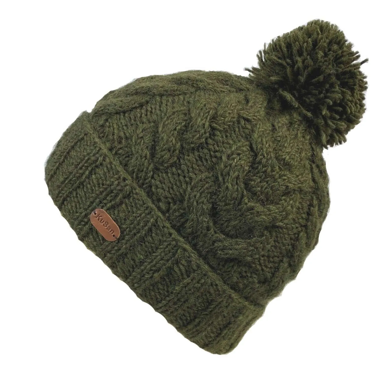 Bobble Hat Cable Turn Up Khaki