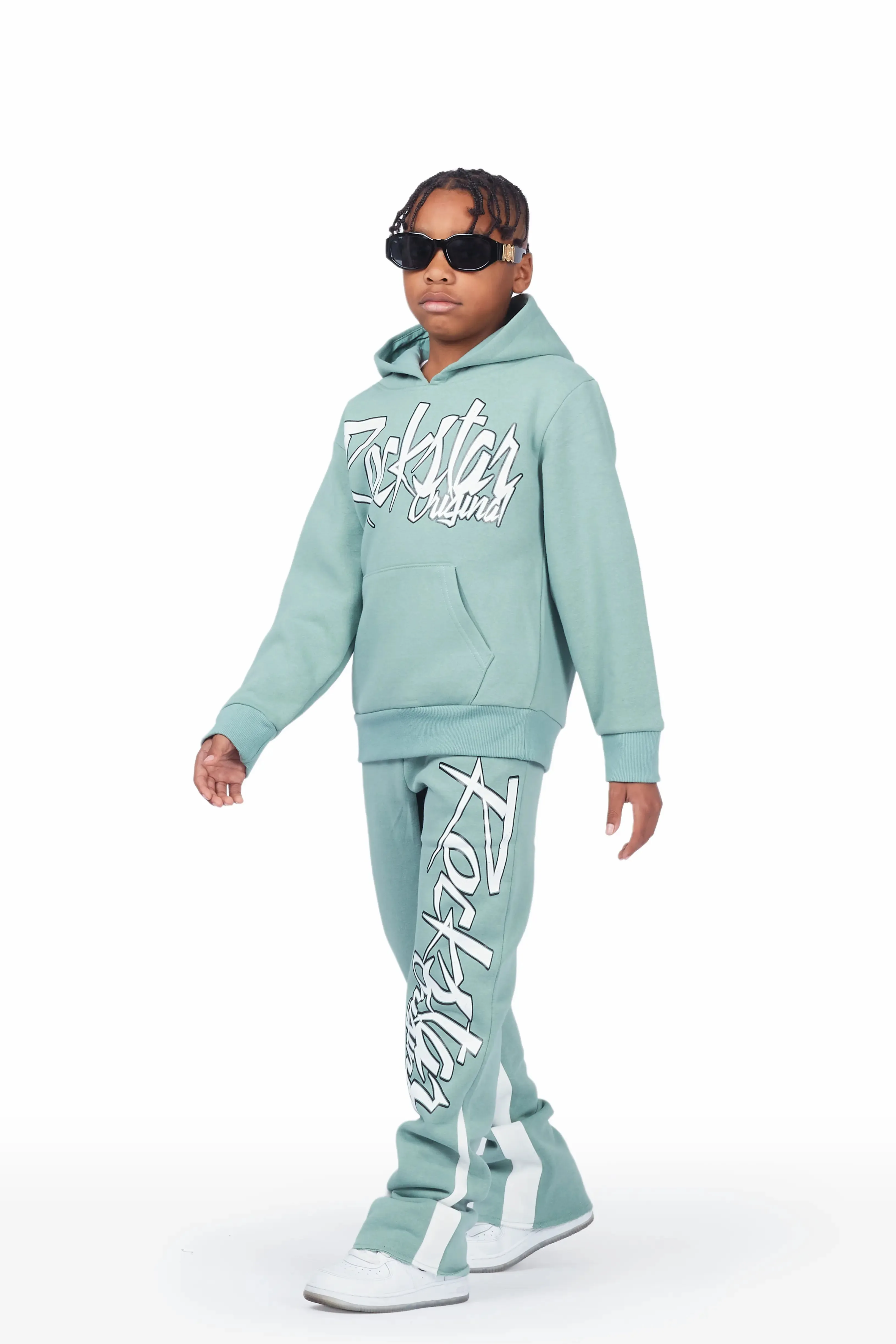 Boys Kalibre Sage/White Hoodie Stacked Flare Track Set