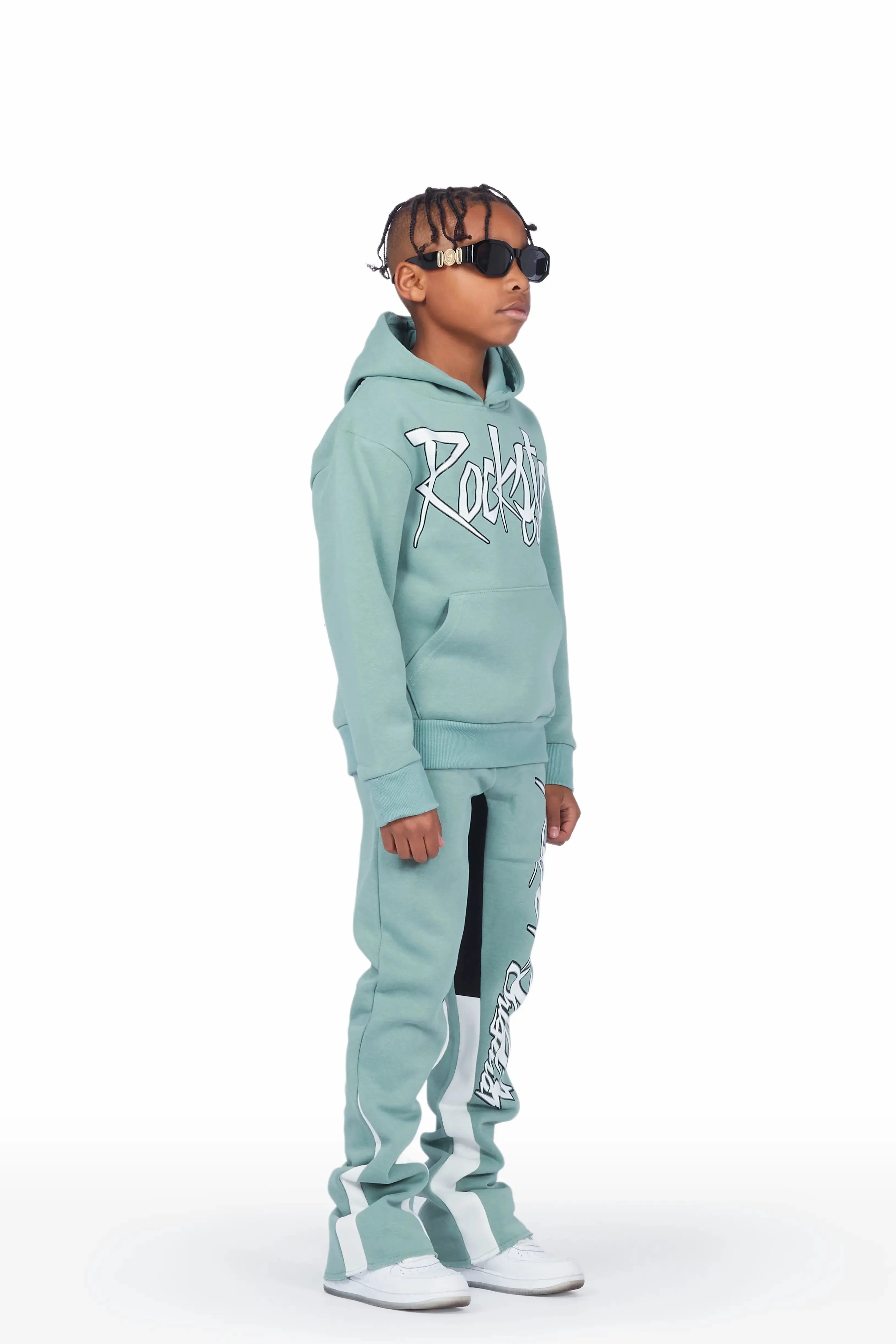 Boys Kalibre Sage/White Hoodie Stacked Flare Track Set