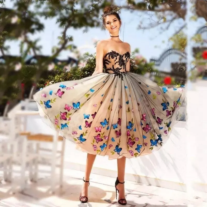 Butterfly Tulle Knee Length Black Champagne dress