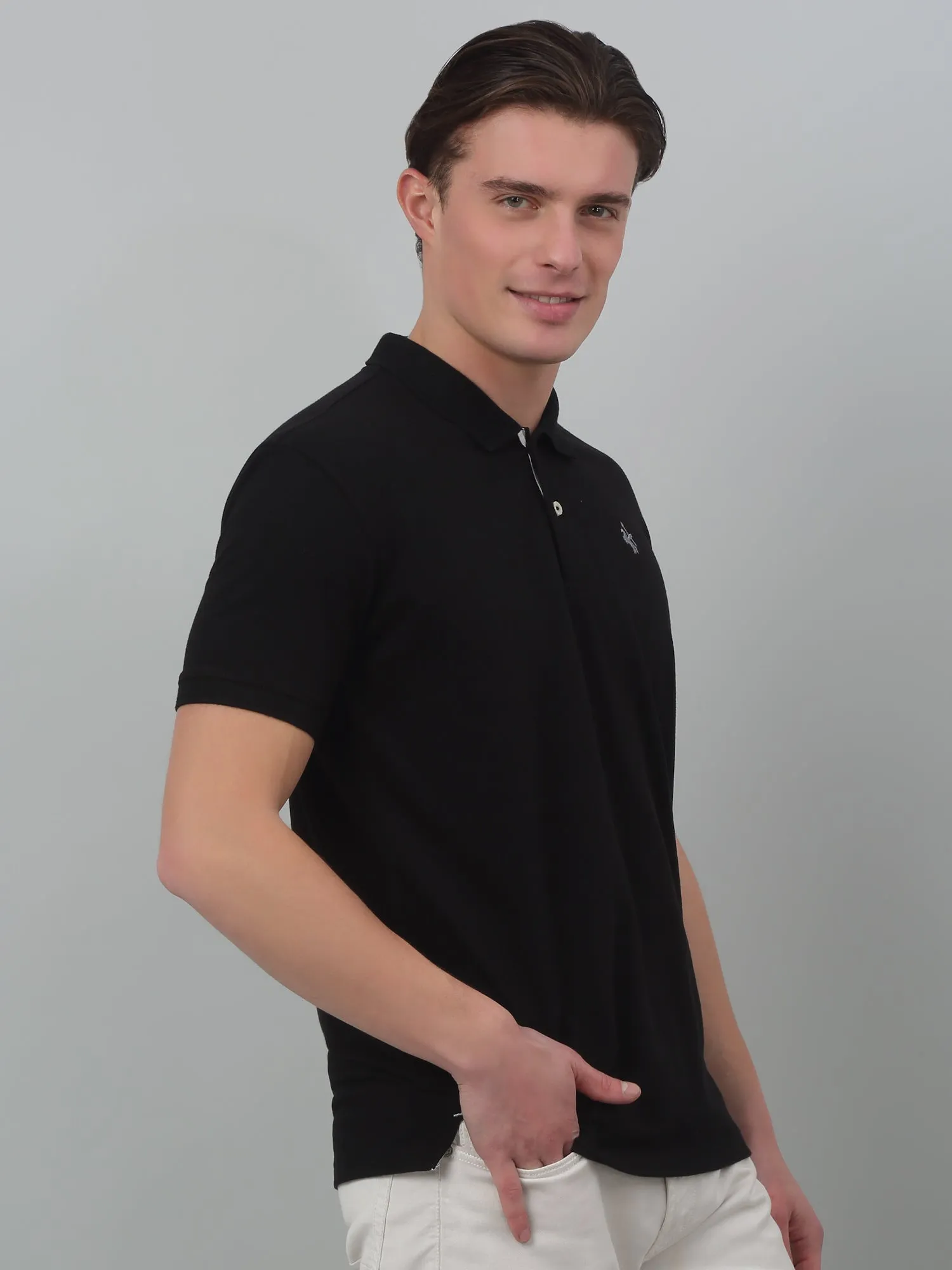 Cantabil Black Solid Polo Neck Half Sleeve T-shirt For Men