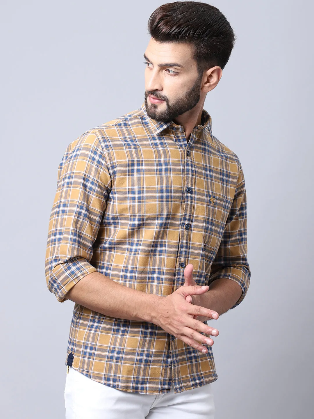 Cantabil Cotton Checkered Mustard Full Sleeve Casual Shirt for Men with Pocket