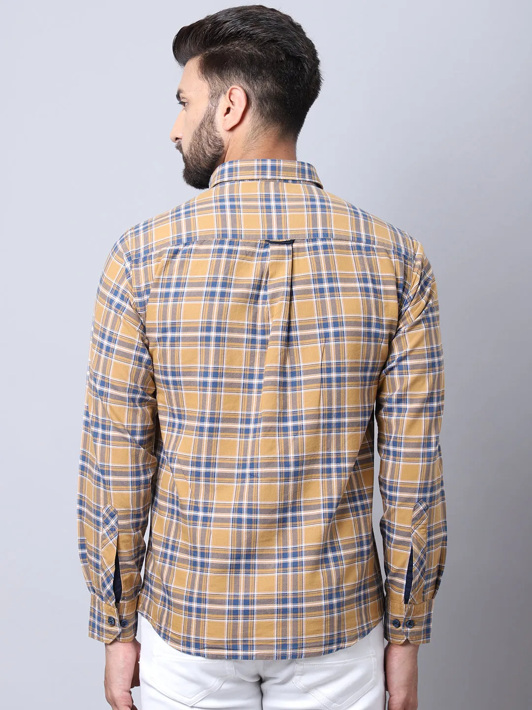 Cantabil Cotton Checkered Mustard Full Sleeve Casual Shirt for Men with Pocket