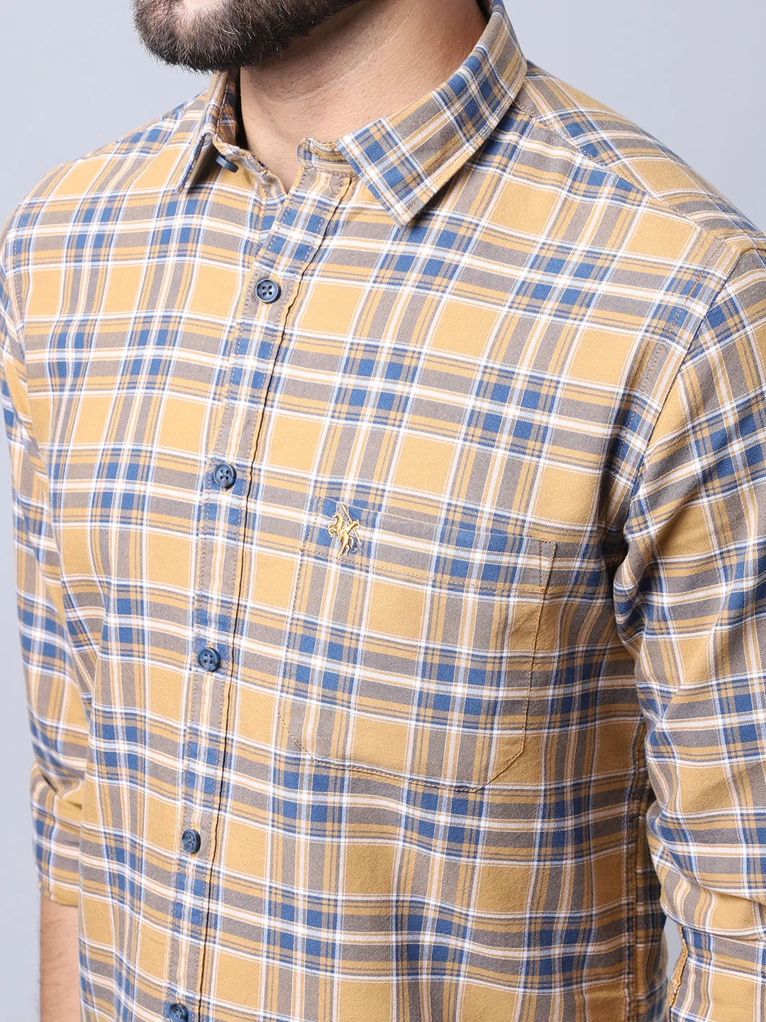 Cantabil Cotton Checkered Mustard Full Sleeve Casual Shirt for Men with Pocket