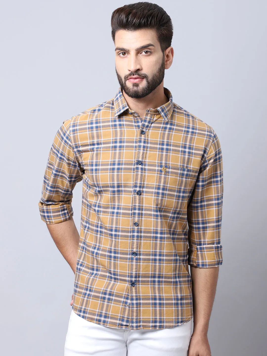 Cantabil Cotton Checkered Mustard Full Sleeve Casual Shirt for Men with Pocket