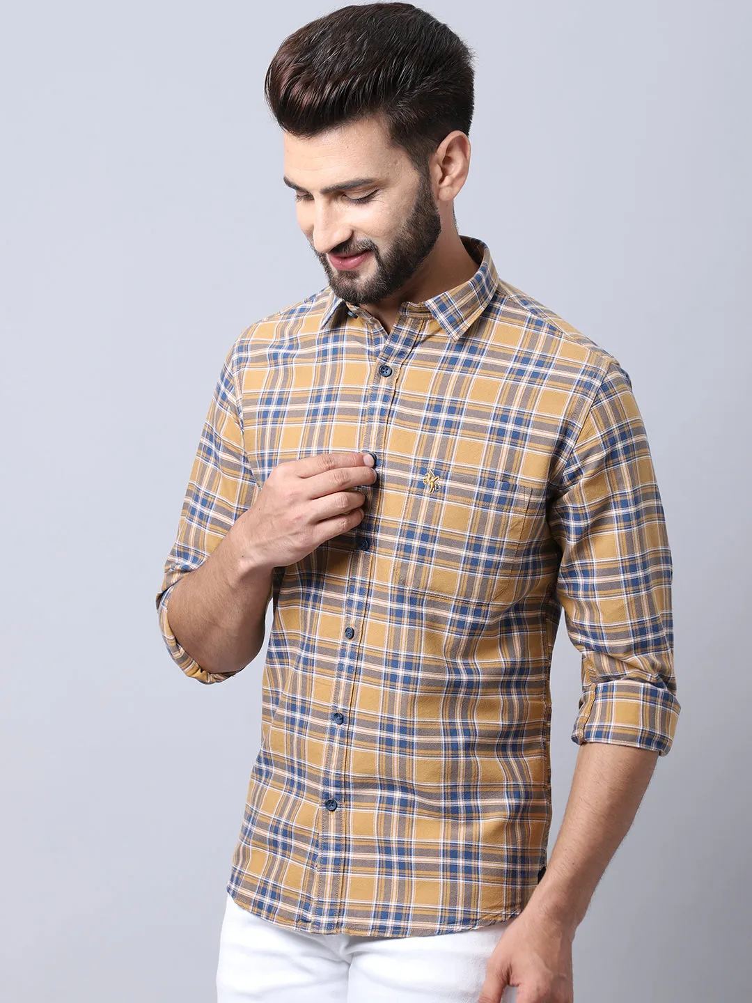 Cantabil Cotton Checkered Mustard Full Sleeve Casual Shirt for Men with Pocket