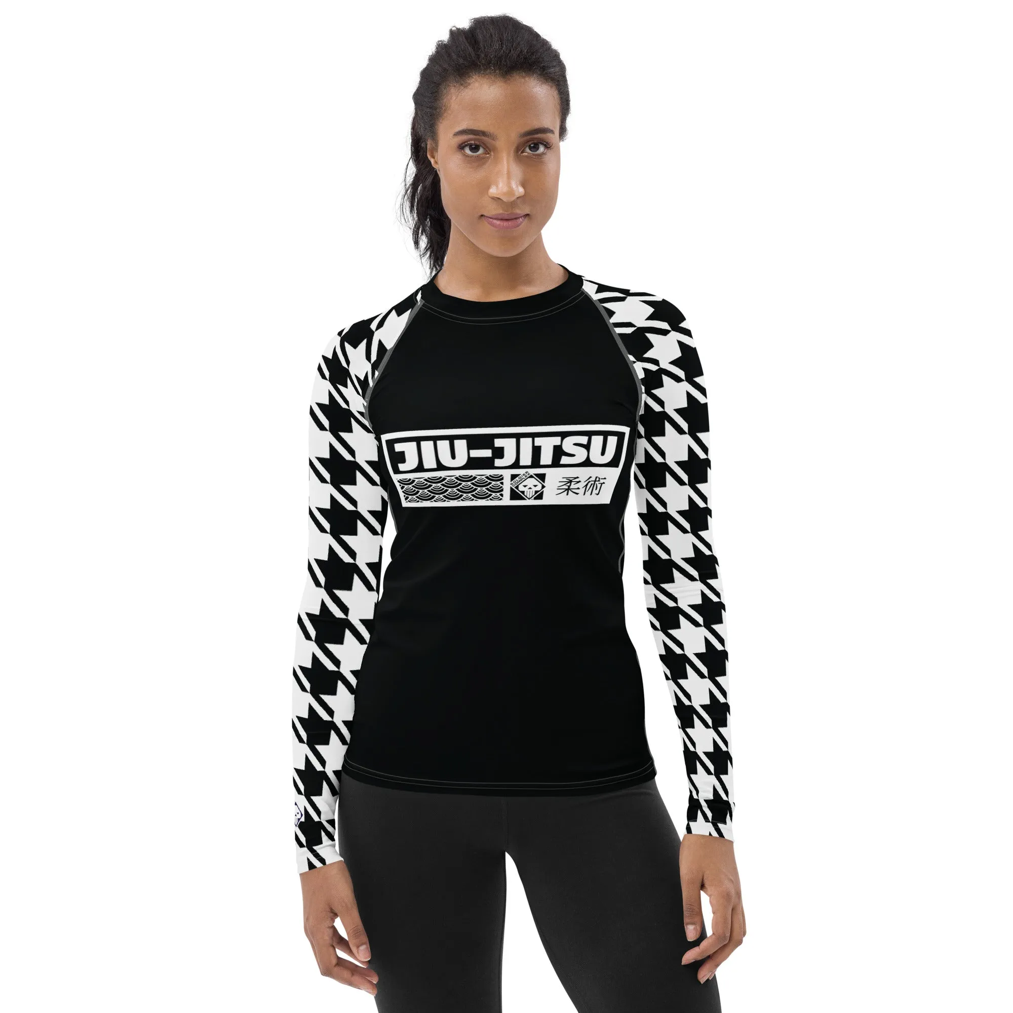 Chic Comfort: Long Sleeve Jiu-Jitsu Houndstooth BJJ Rash Guard for Women Noir