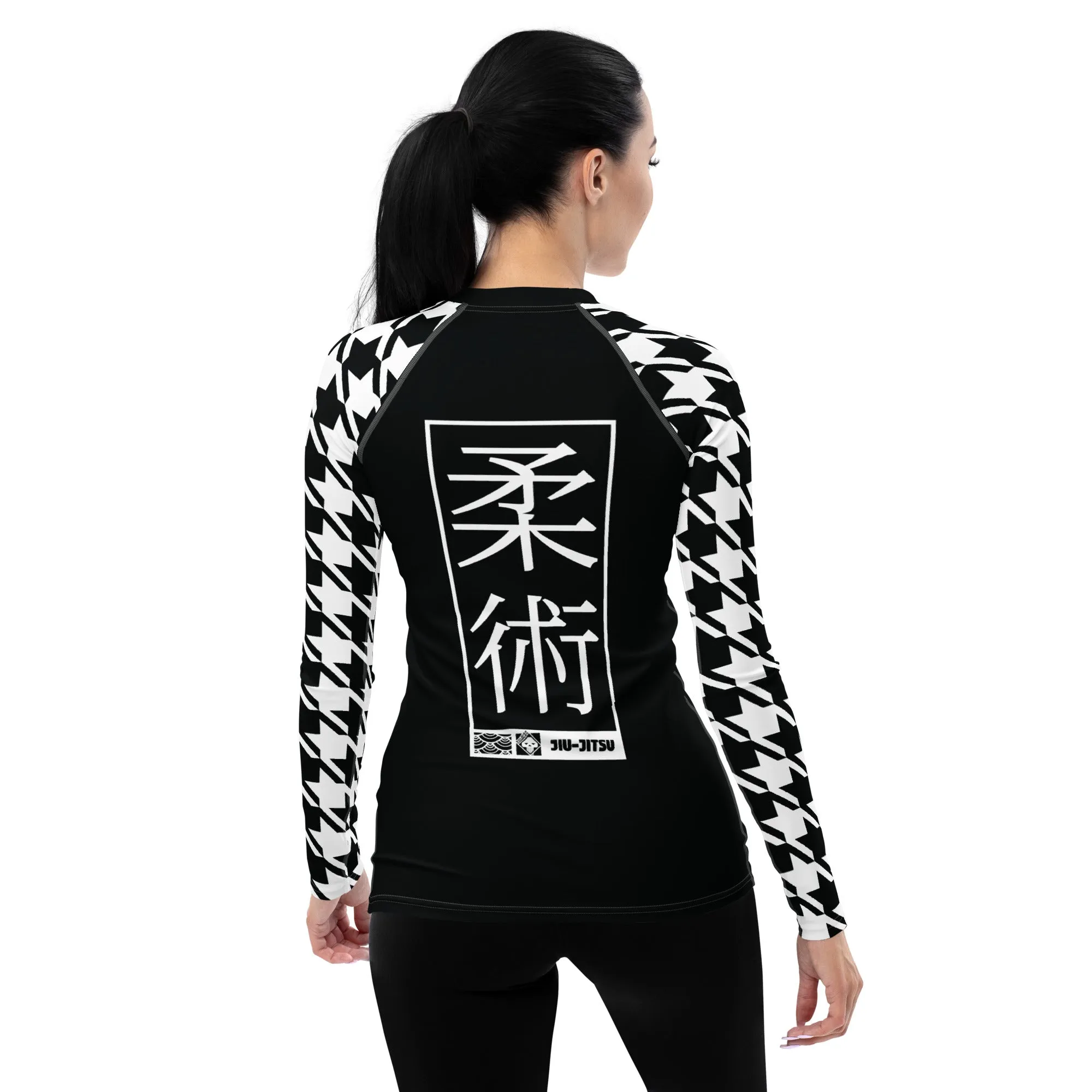 Chic Comfort: Long Sleeve Jiu-Jitsu Houndstooth BJJ Rash Guard for Women Noir