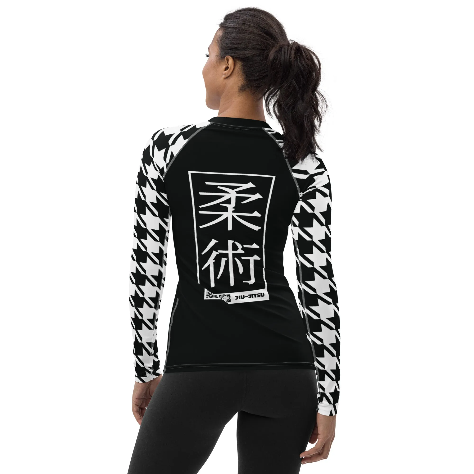 Chic Comfort: Long Sleeve Jiu-Jitsu Houndstooth BJJ Rash Guard for Women Noir