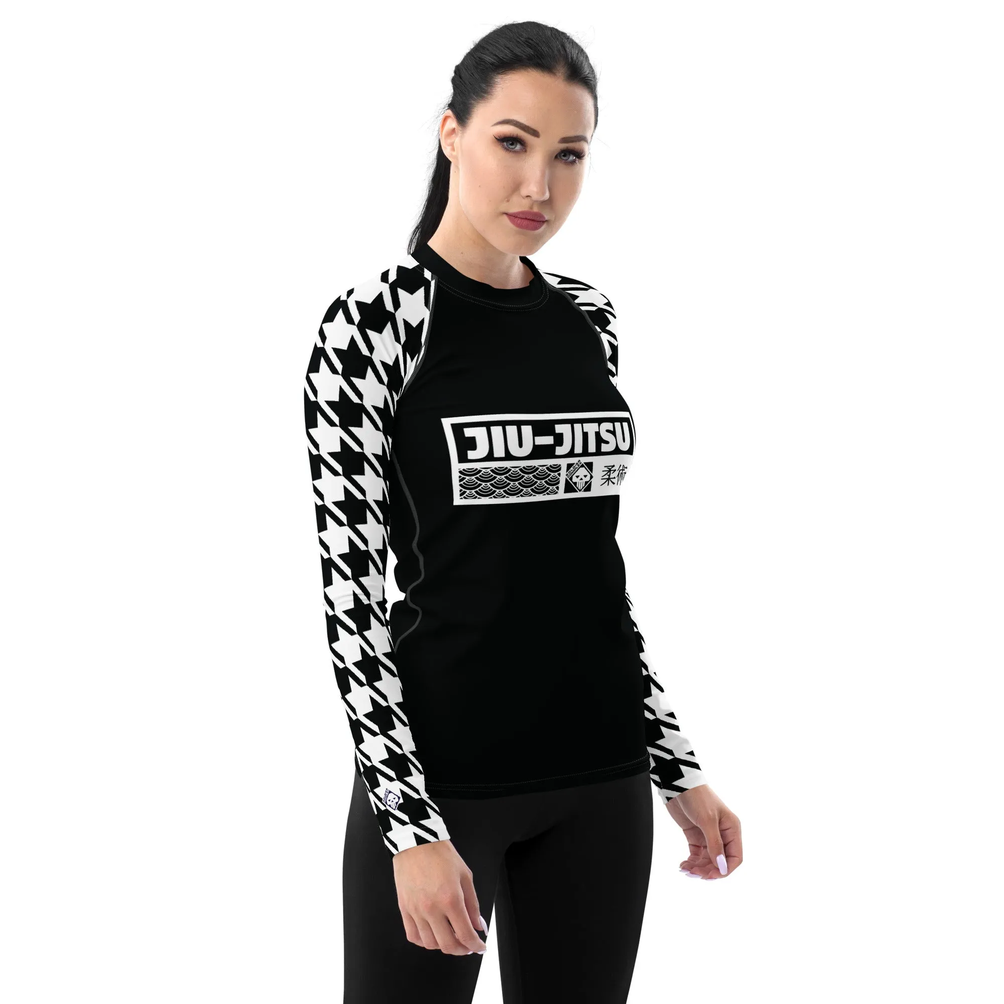 Chic Comfort: Long Sleeve Jiu-Jitsu Houndstooth BJJ Rash Guard for Women Noir