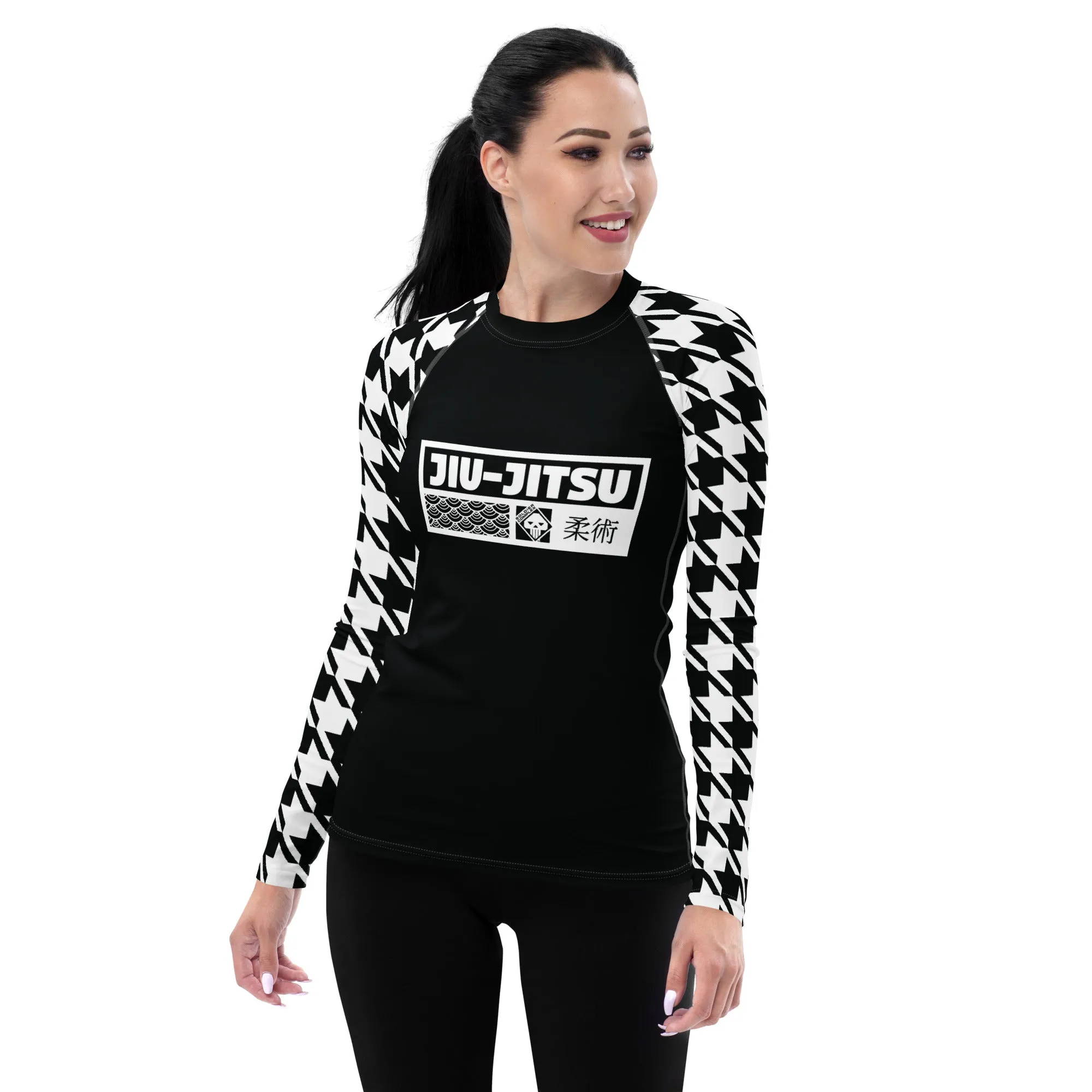 Chic Comfort: Long Sleeve Jiu-Jitsu Houndstooth BJJ Rash Guard for Women Noir