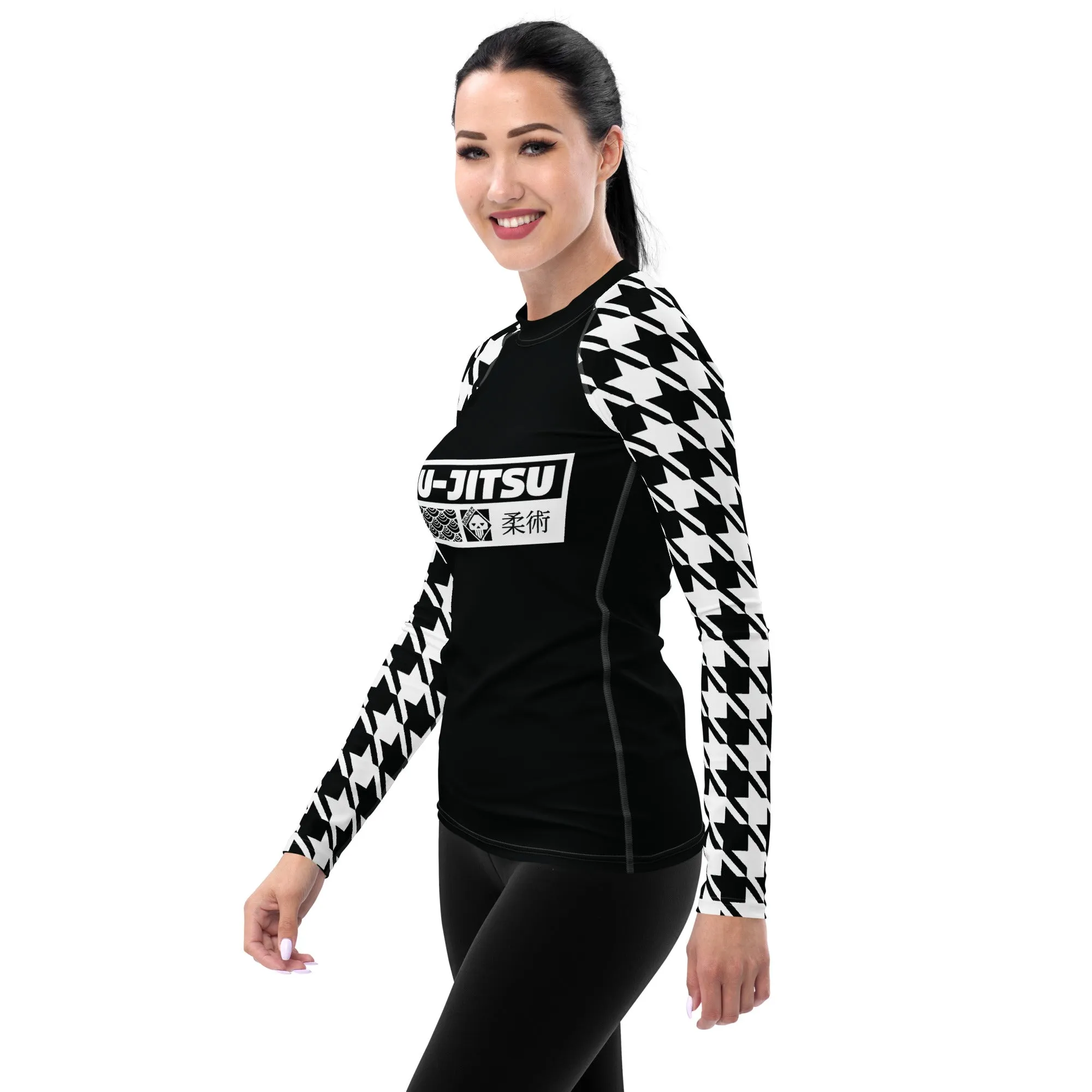 Chic Comfort: Long Sleeve Jiu-Jitsu Houndstooth BJJ Rash Guard for Women Noir