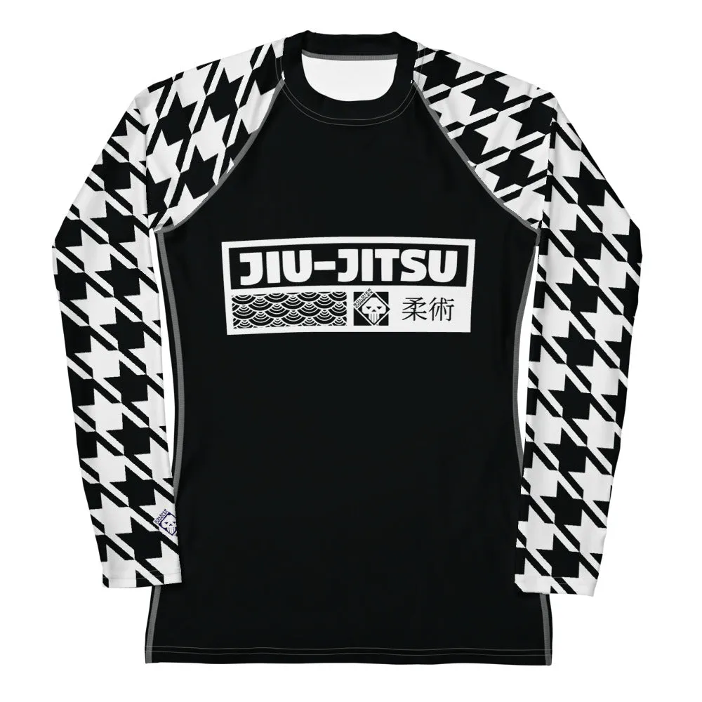 Chic Comfort: Long Sleeve Jiu-Jitsu Houndstooth BJJ Rash Guard for Women Noir