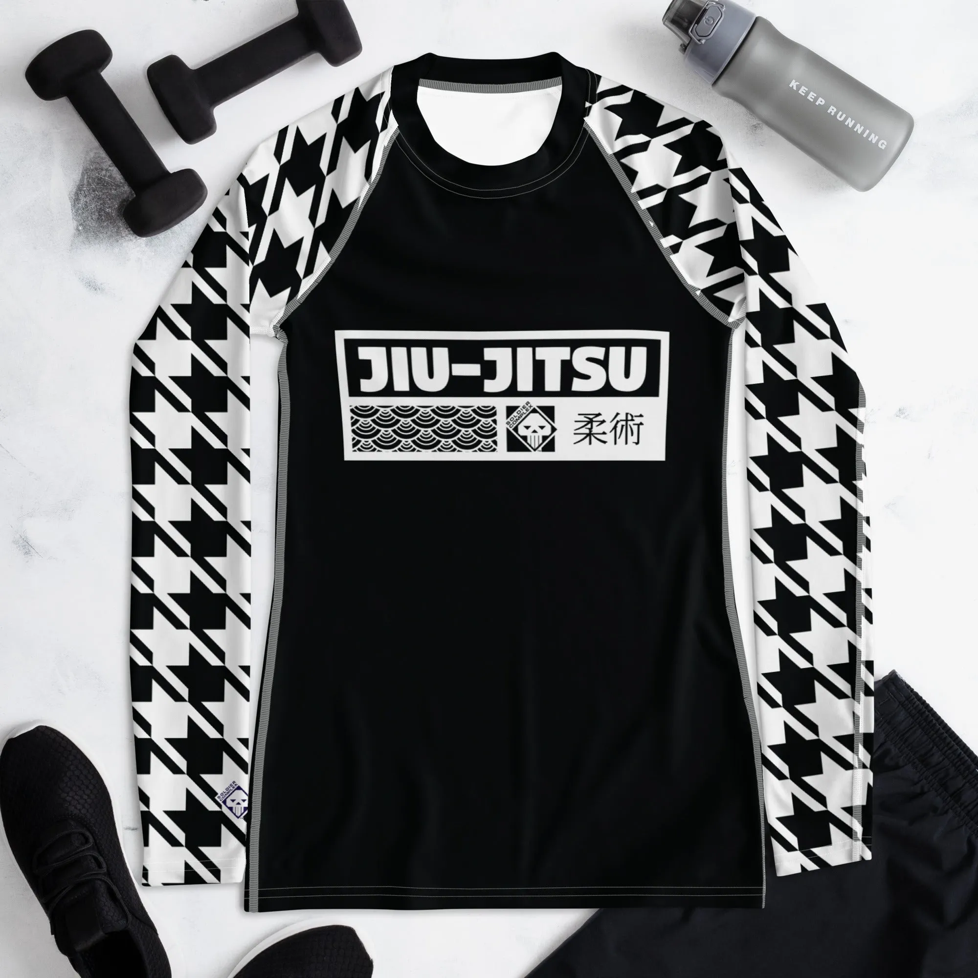 Chic Comfort: Long Sleeve Jiu-Jitsu Houndstooth BJJ Rash Guard for Women Noir