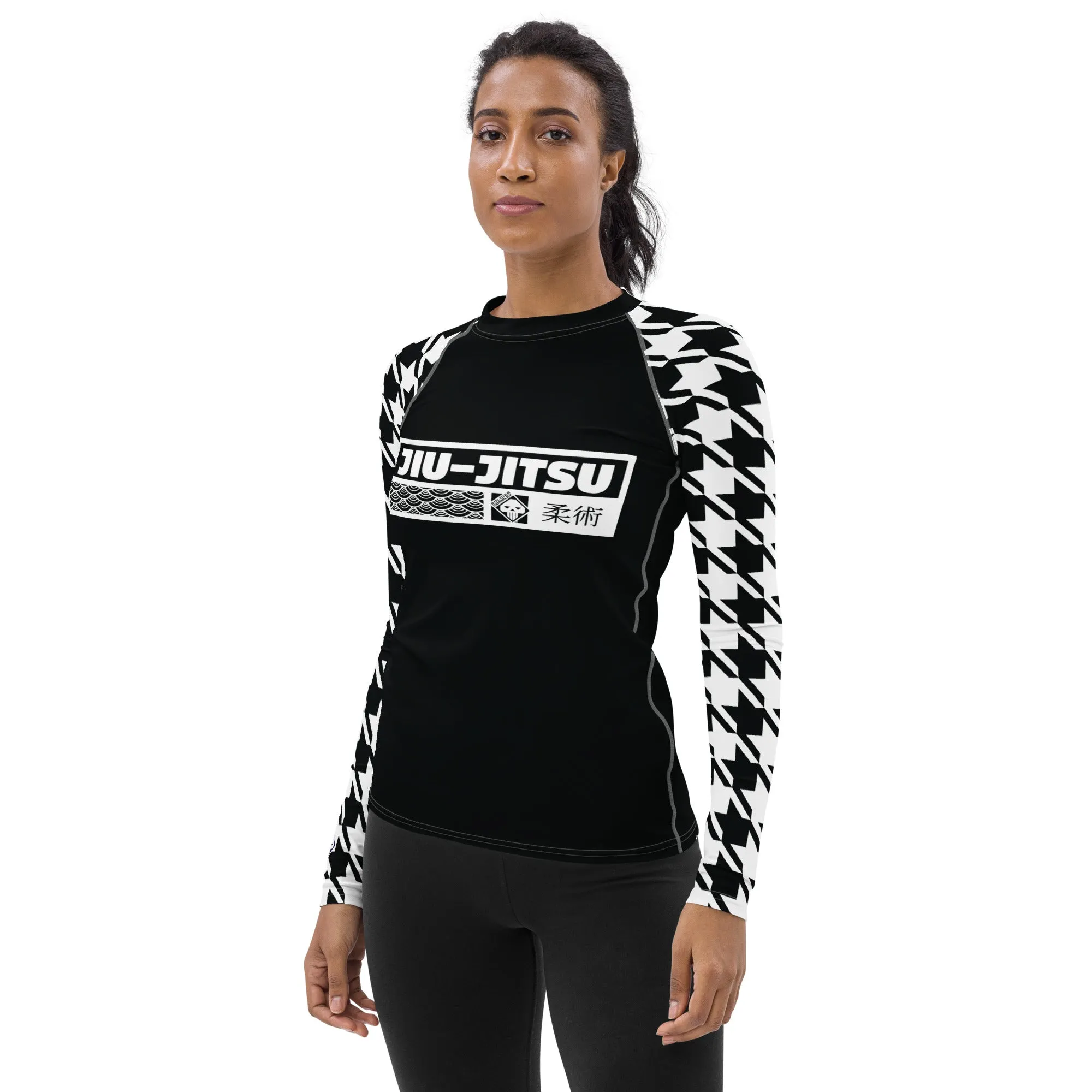 Chic Comfort: Long Sleeve Jiu-Jitsu Houndstooth BJJ Rash Guard for Women Noir