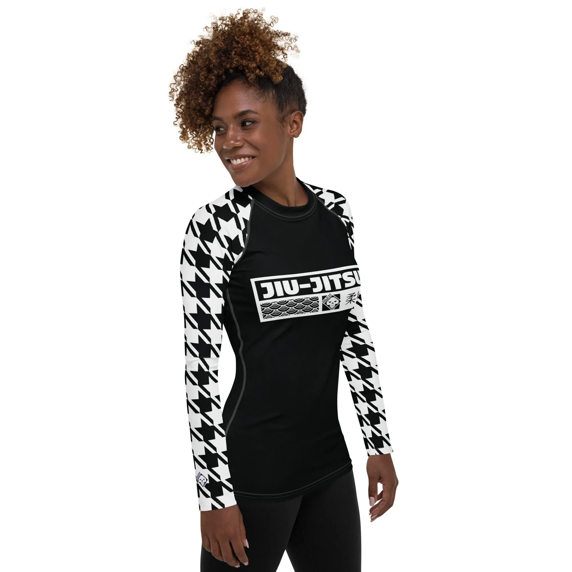 Chic Comfort: Long Sleeve Jiu-Jitsu Houndstooth BJJ Rash Guard for Women Noir