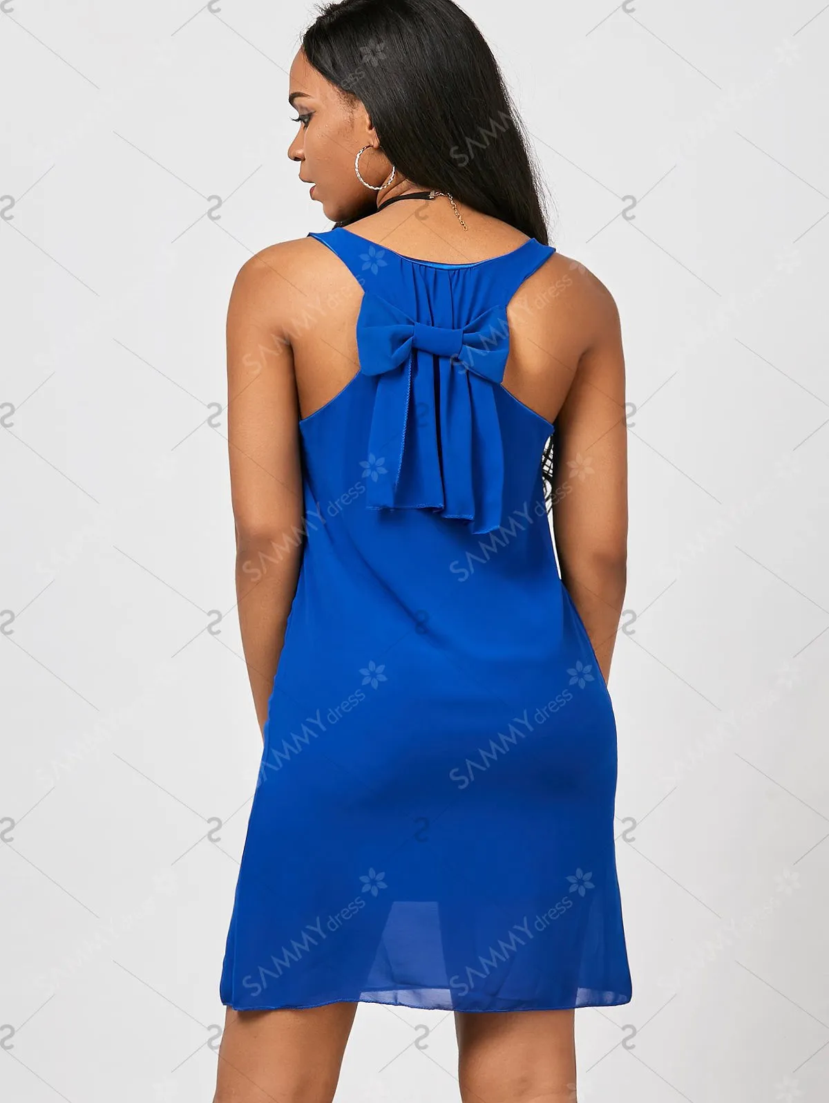 Chiffon Bowknot Tank Dress - Blue - XL