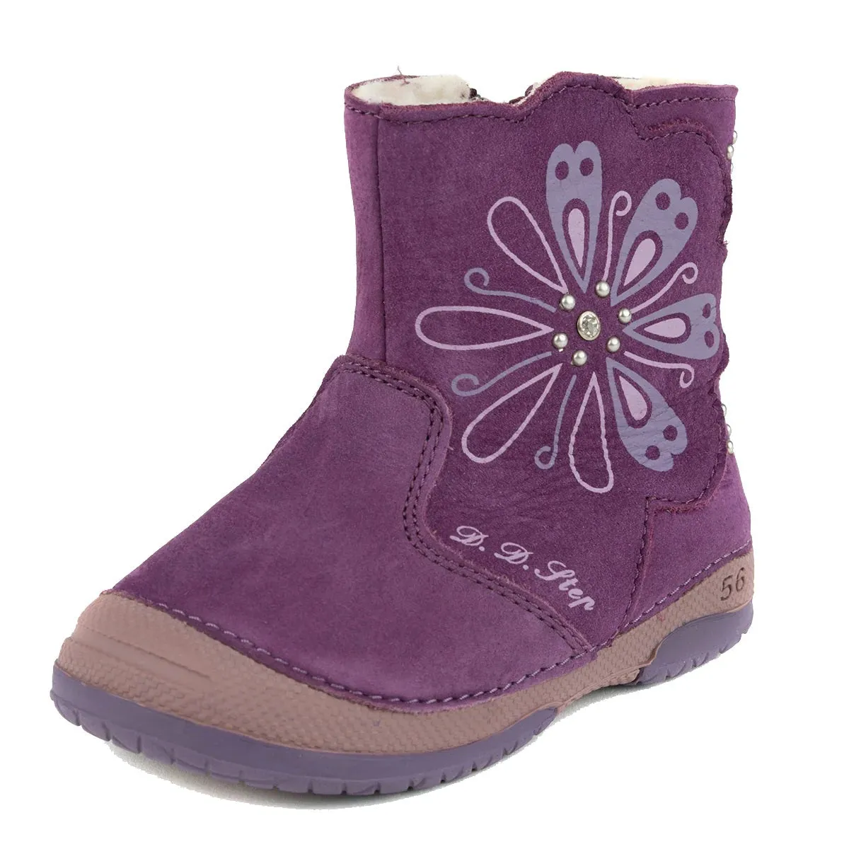 D.D. Step Toddler Girl Winter Boots With Faux Fur Insulation Lavender Flower Cute For Little Girls