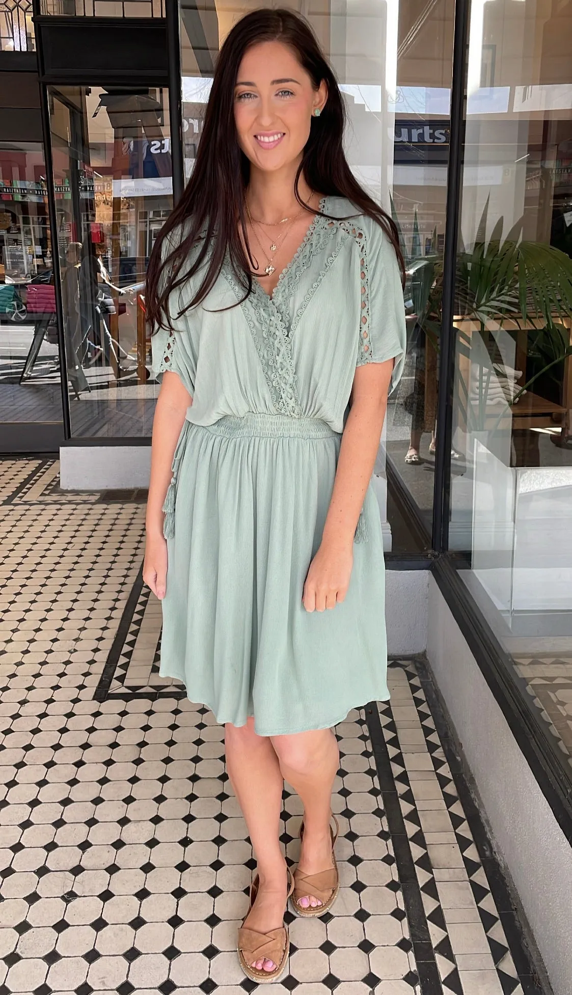 Delilah V Neck Lace Trim Dress Dusty Sage