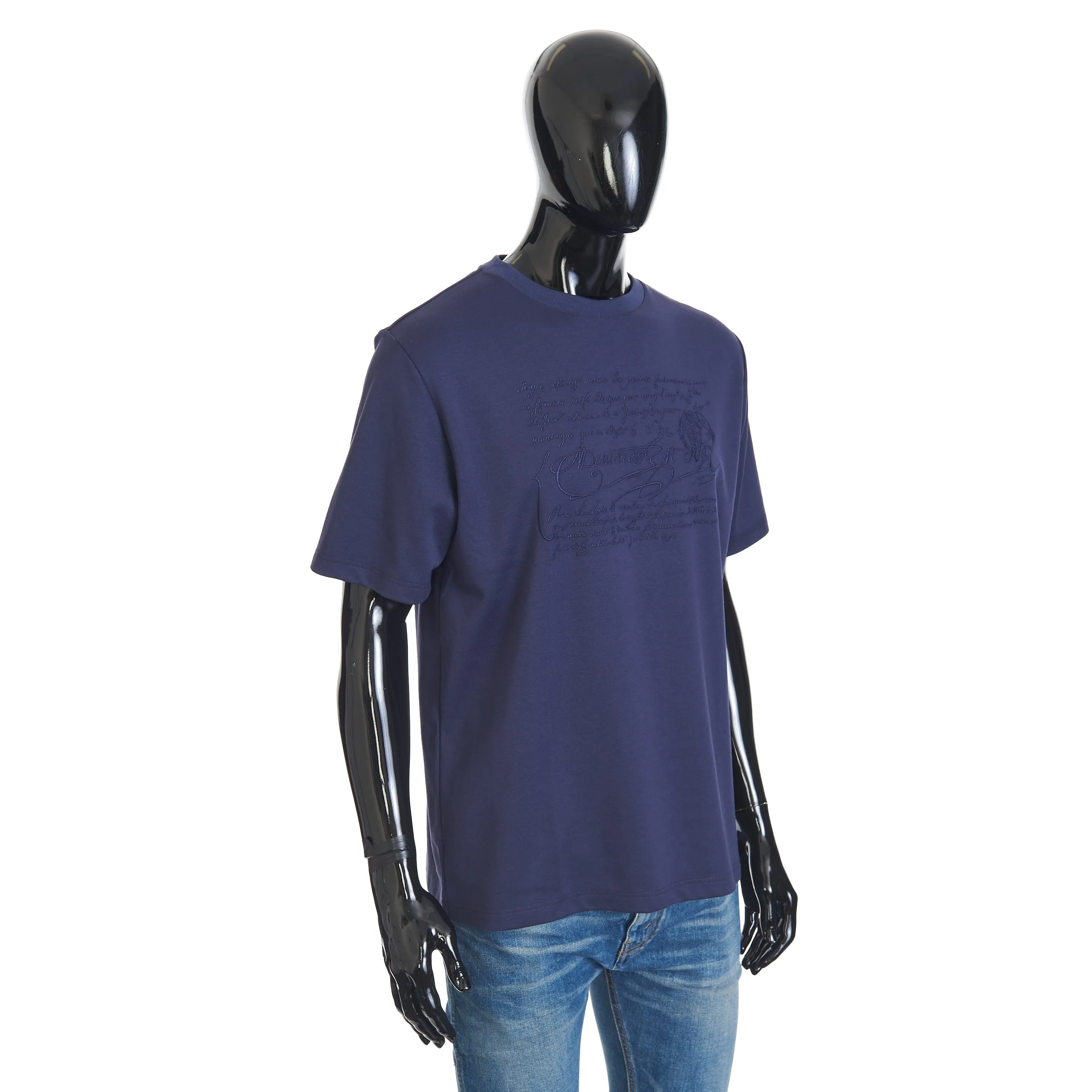 Embroidered Scritto T-shirt In Ink Blue Cotton