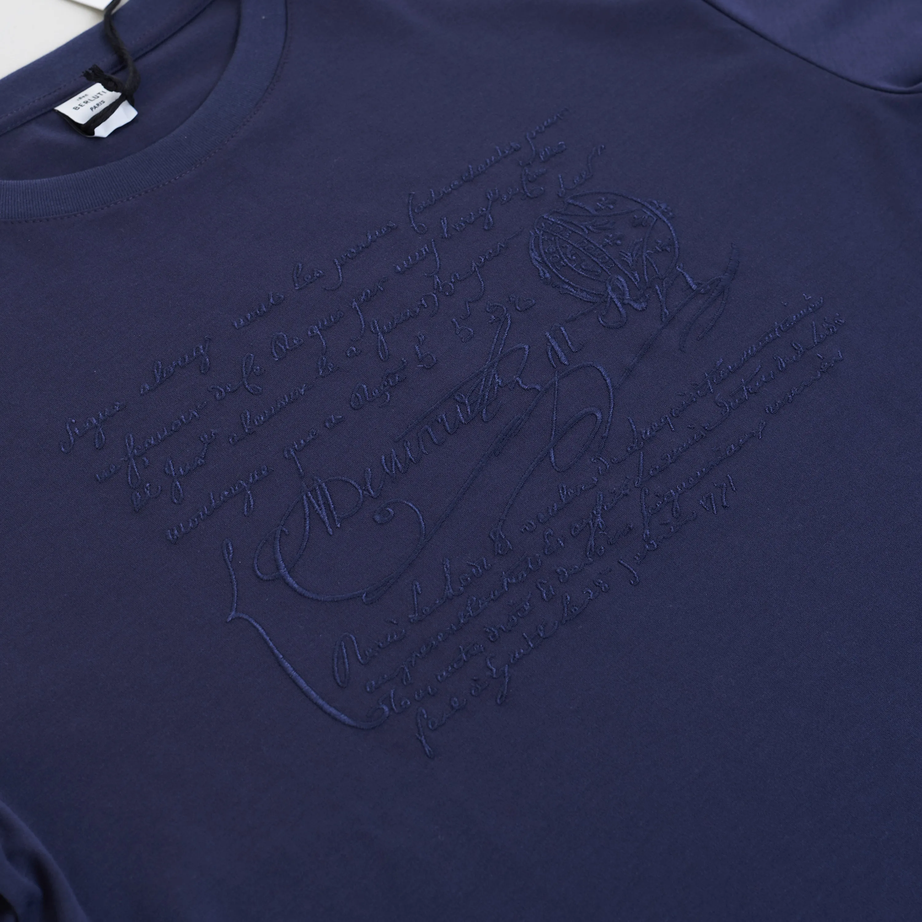 Embroidered Scritto T-shirt In Ink Blue Cotton