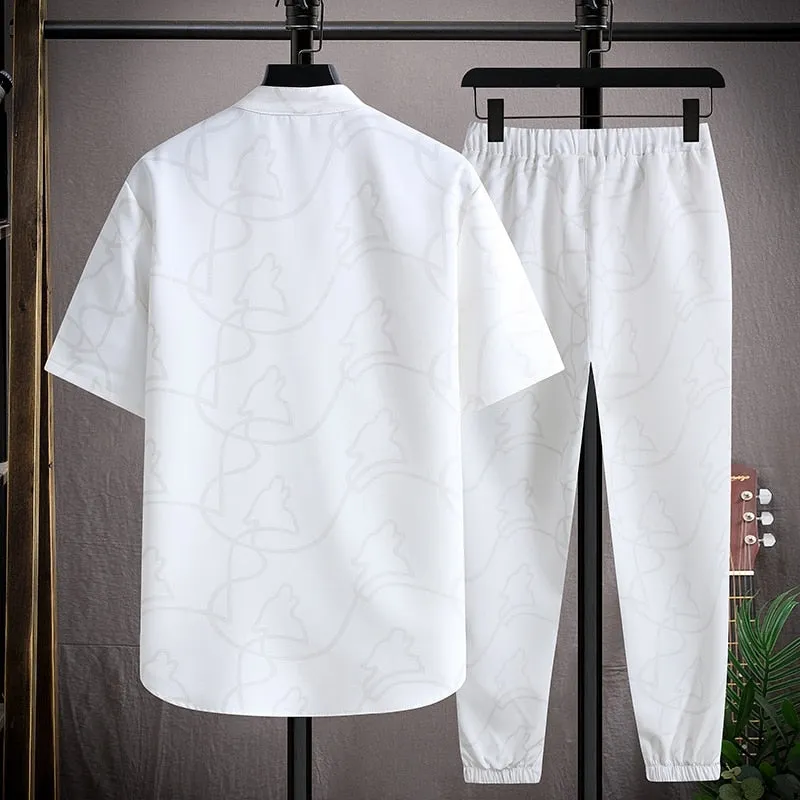 Foesce-(Shirt   trousers)summer fashion men shirt letter pattern Cotton shirts men's casual elastic waist shirts men size M-5XL