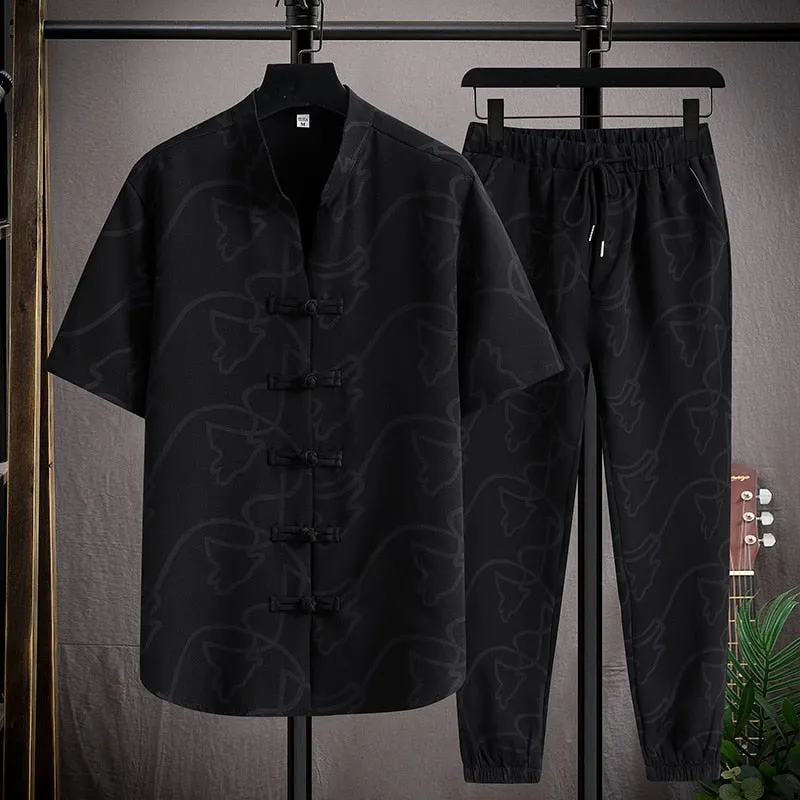 Foesce-(Shirt   trousers)summer fashion men shirt letter pattern Cotton shirts men's casual elastic waist shirts men size M-5XL