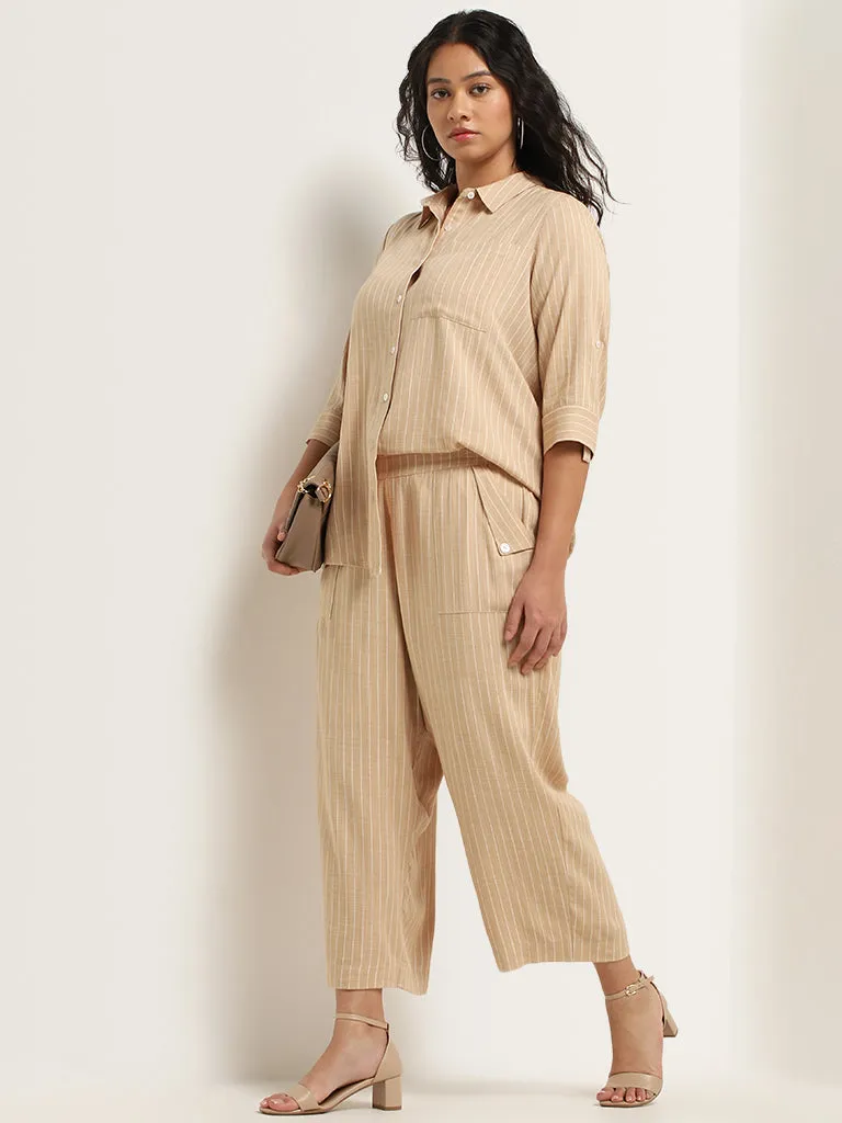 Gia Beige Striped High Rise Blended Linen Pants