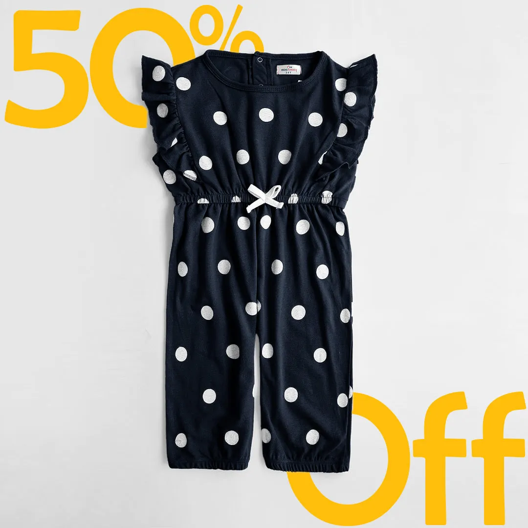 Girls Fashion All Over Polka Dots Printed Dark Navy Soft Cotton Frill Jumpsuit