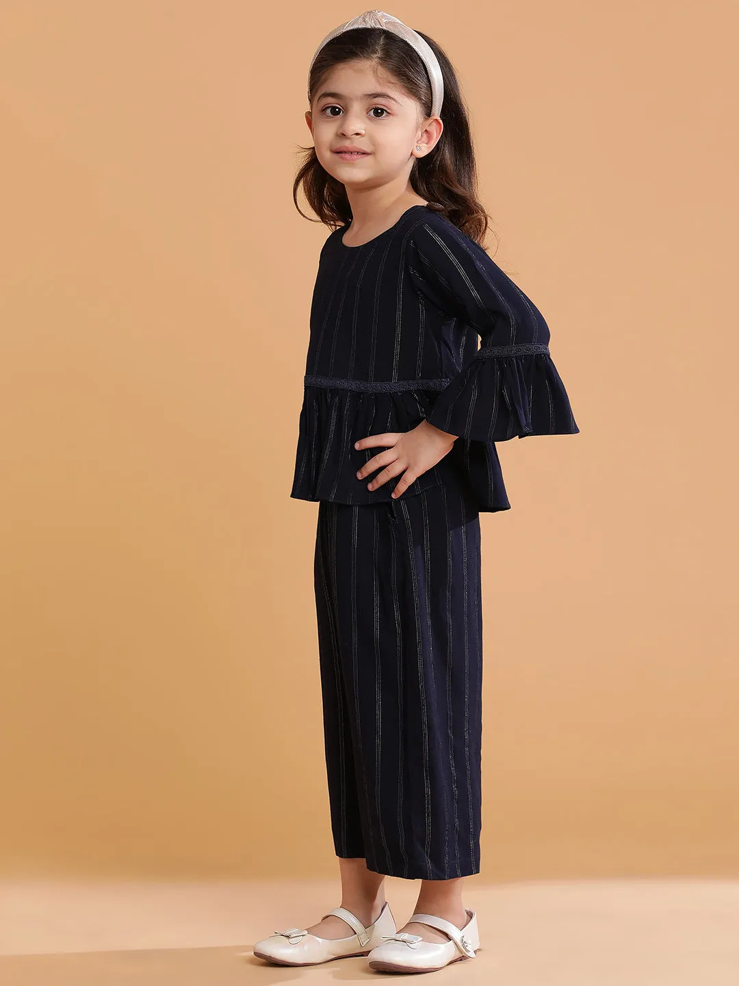 Girls Rayon Navy Blue Striped Co-Ord Set