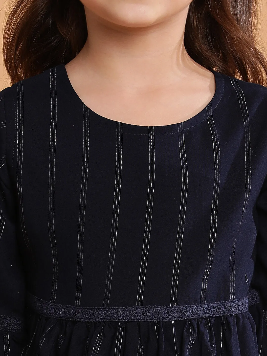 Girls Rayon Navy Blue Striped Co-Ord Set