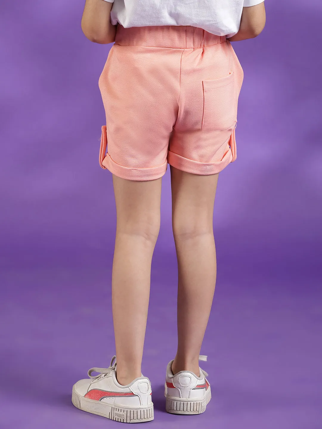 Girls Viscose Solid Peach Shorts