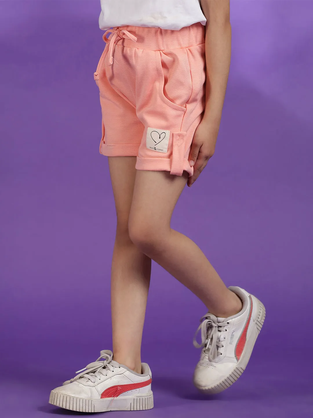 Girls Viscose Solid Peach Shorts