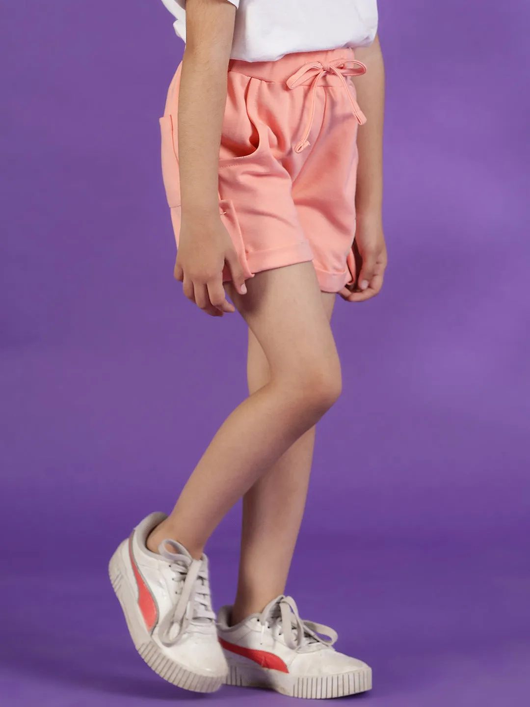 Girls Viscose Solid Peach Shorts