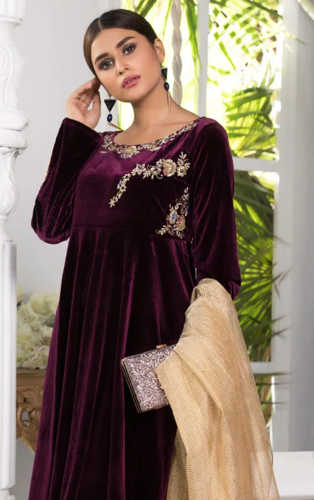 Hand Work Embroidered Velvet 3pc Suit | WWC18 | S788